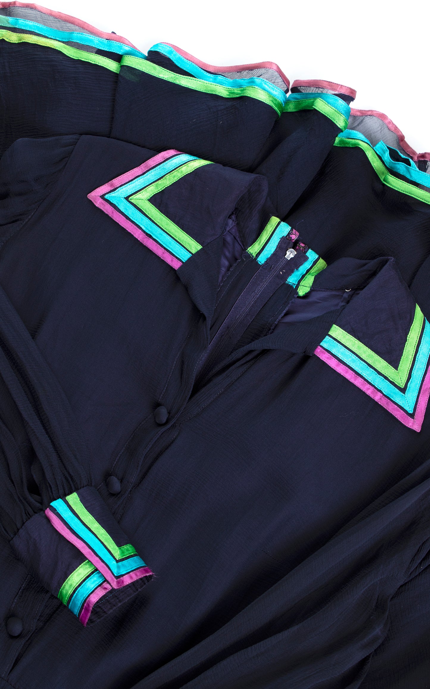 Vintage 1970s 70s Navy Blue Silk Chiffon & Ribbon Shirtwaist Fit and Flare Party Dress Birthday Life Vintage