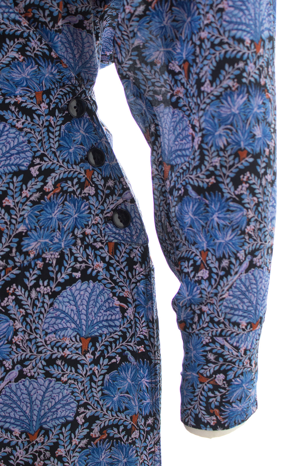 1980s Karin Stevens Birds & Plants Rayon Wrap Dress