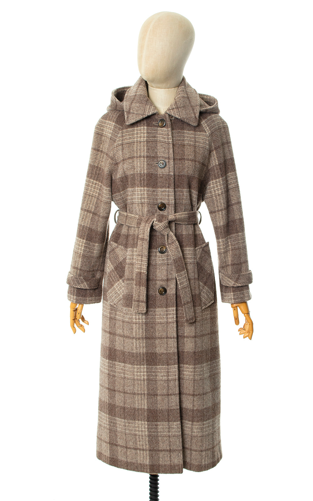 Vintage 1970s 70s Plaid Wool Hooded Belted Coat Birthday Life Vintage