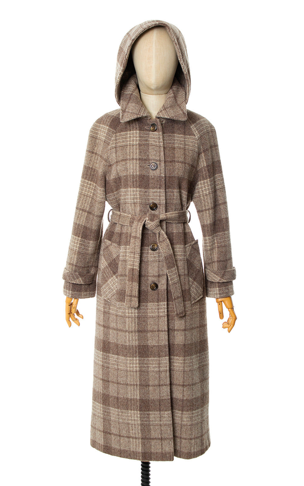 Vintage 1970s 70s Plaid Wool Hooded Belted Coat Birthday Life Vintage
