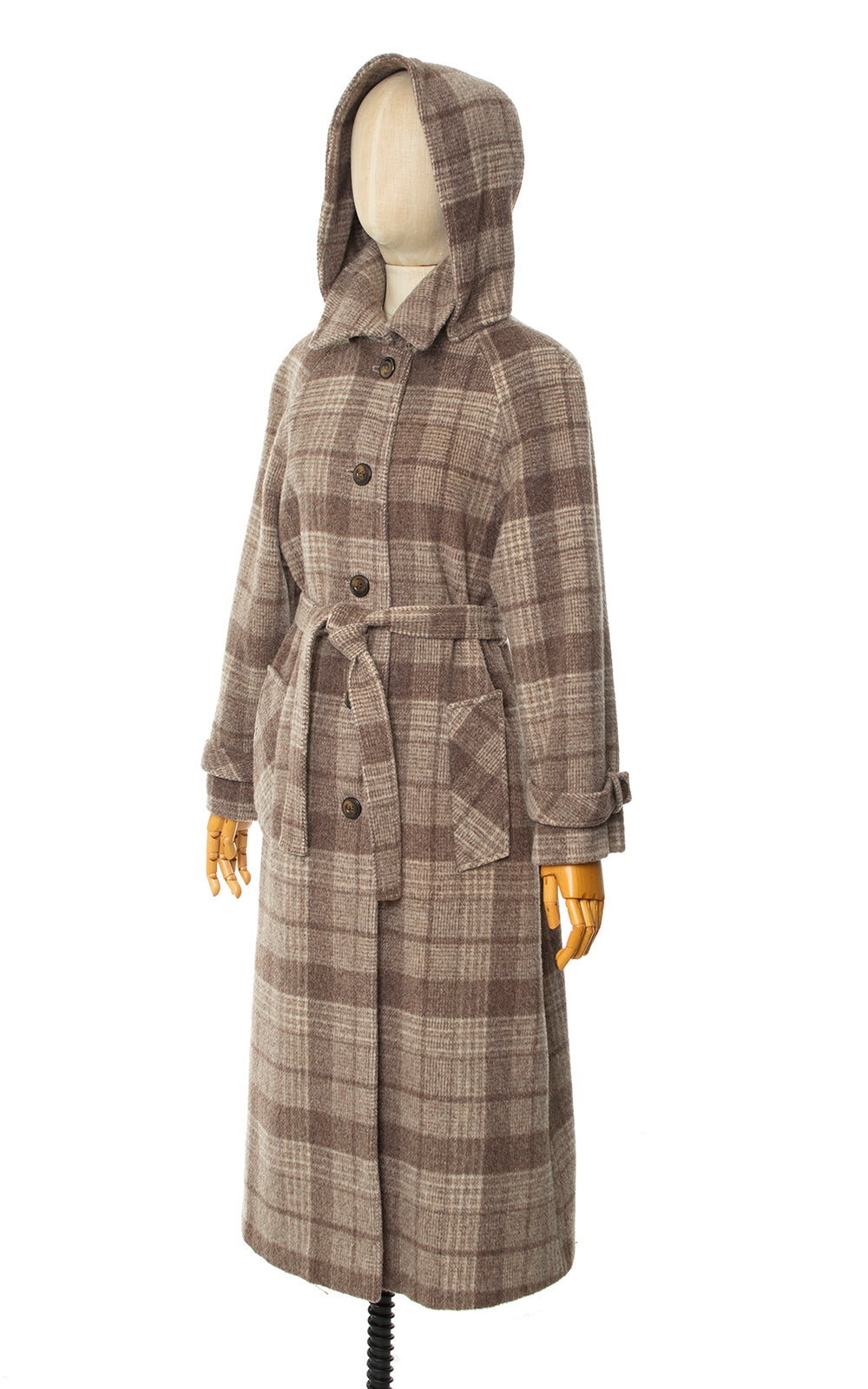 Vintage 1970s 70s Plaid Wool Hooded Belted Coat Birthday Life Vintage