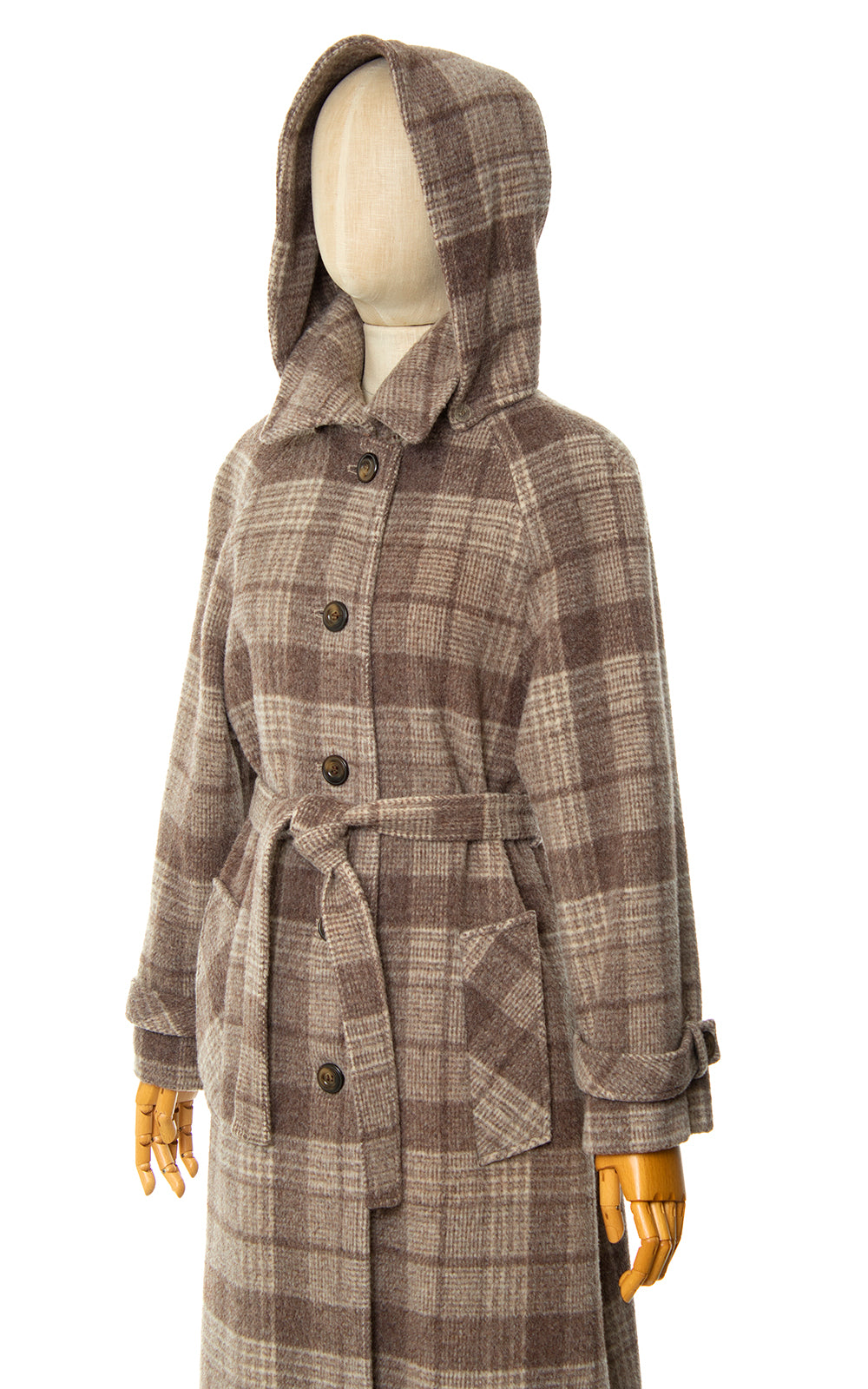 Vintage 1970s 70s Plaid Wool Hooded Belted Coat Birthday Life Vintage