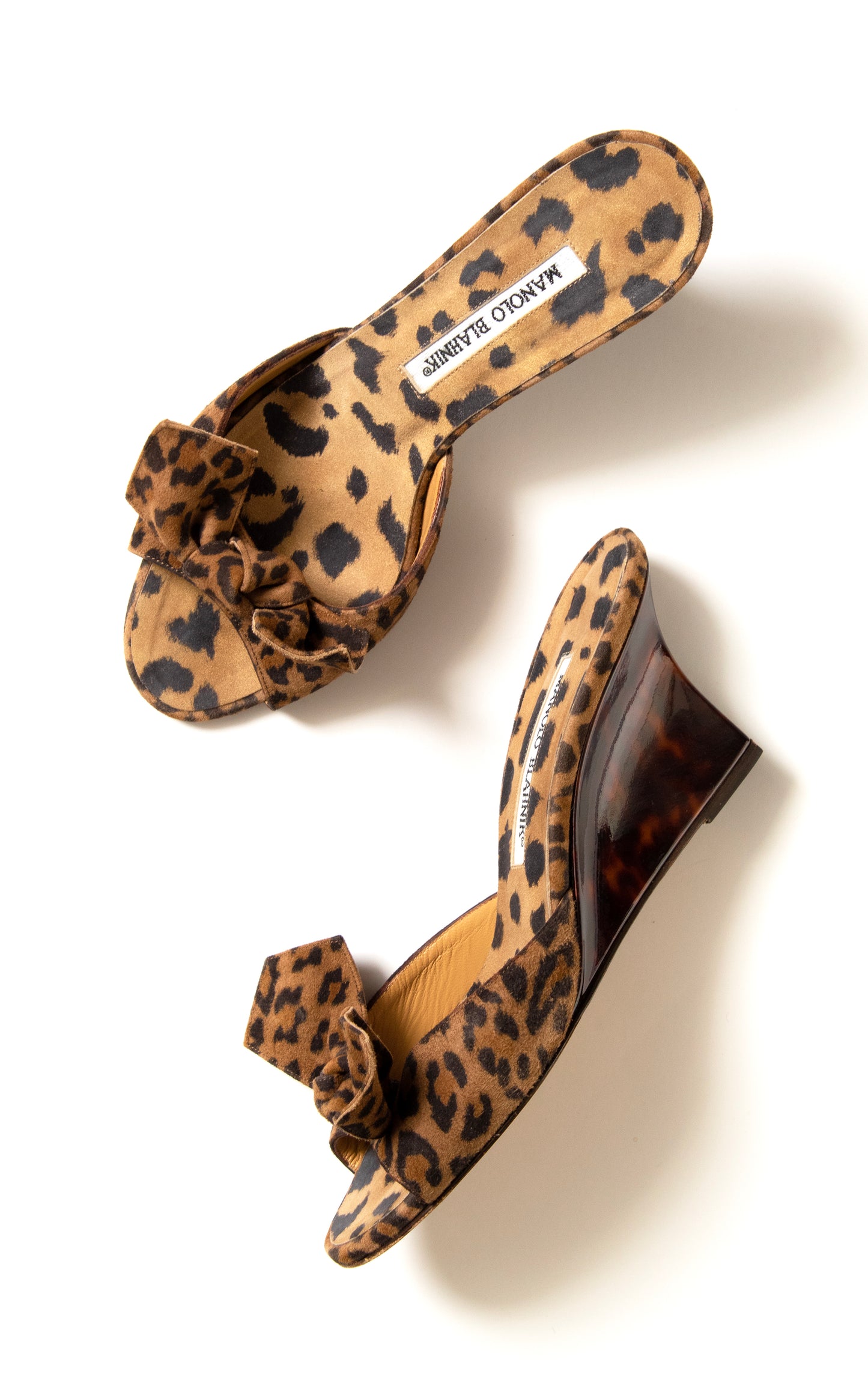 1990s MANOLO BLAHNIK Leopard Print Suede Wedges | size US 5.5