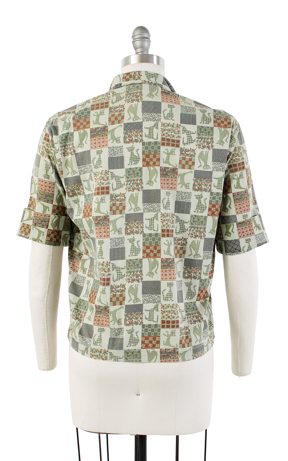 1960s Cat Novelty Print Green Cotton Blouse | medium/large