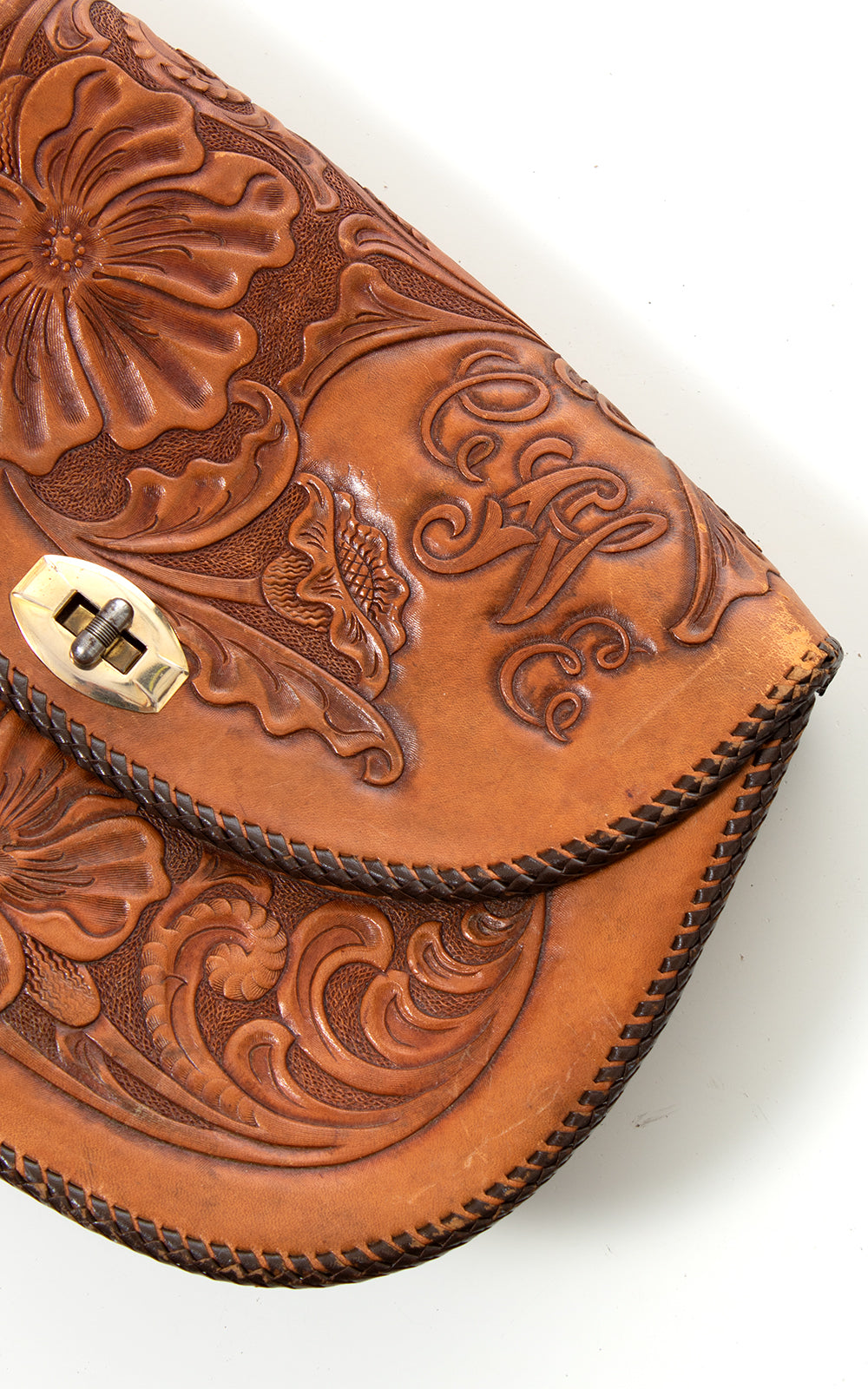 1970s Floral Tooled Leather Clutch BirthdayLifeVintage