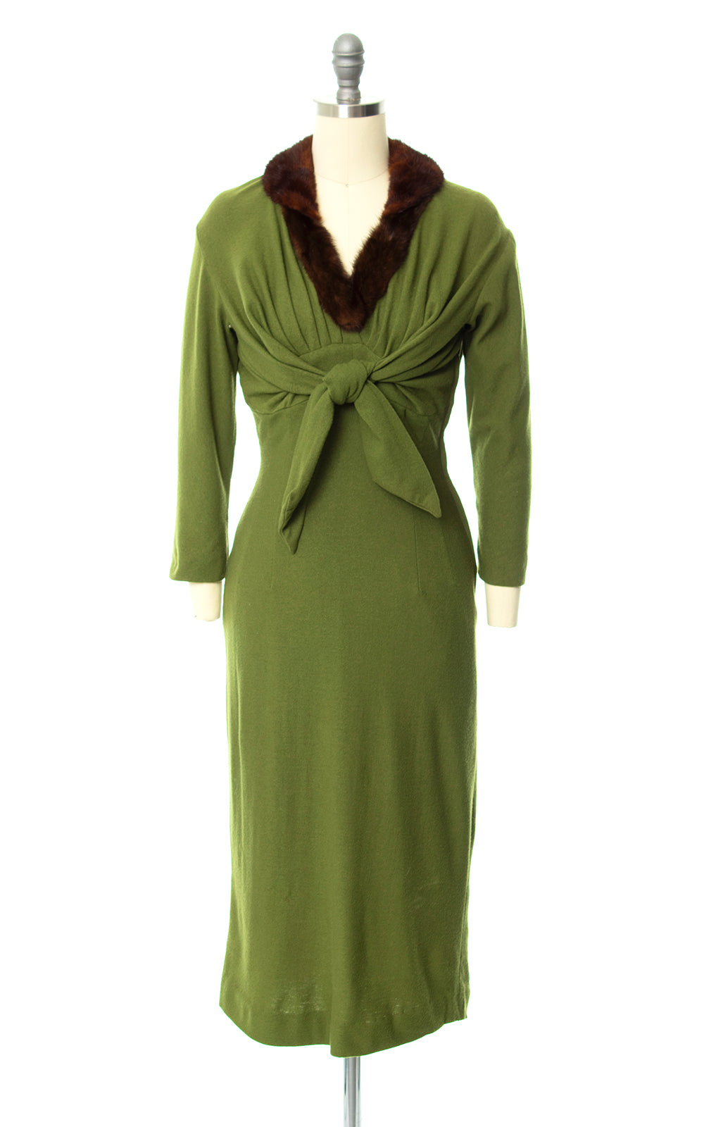 1950s Mink Fur Trimmed Olive Green Wool Jersey Dress | x-small/small Birthday Life Vintage 1950s Mink Fur Trimmed Olive Green Wool Jersey Dress | x-small/small Birthday Life Vintage