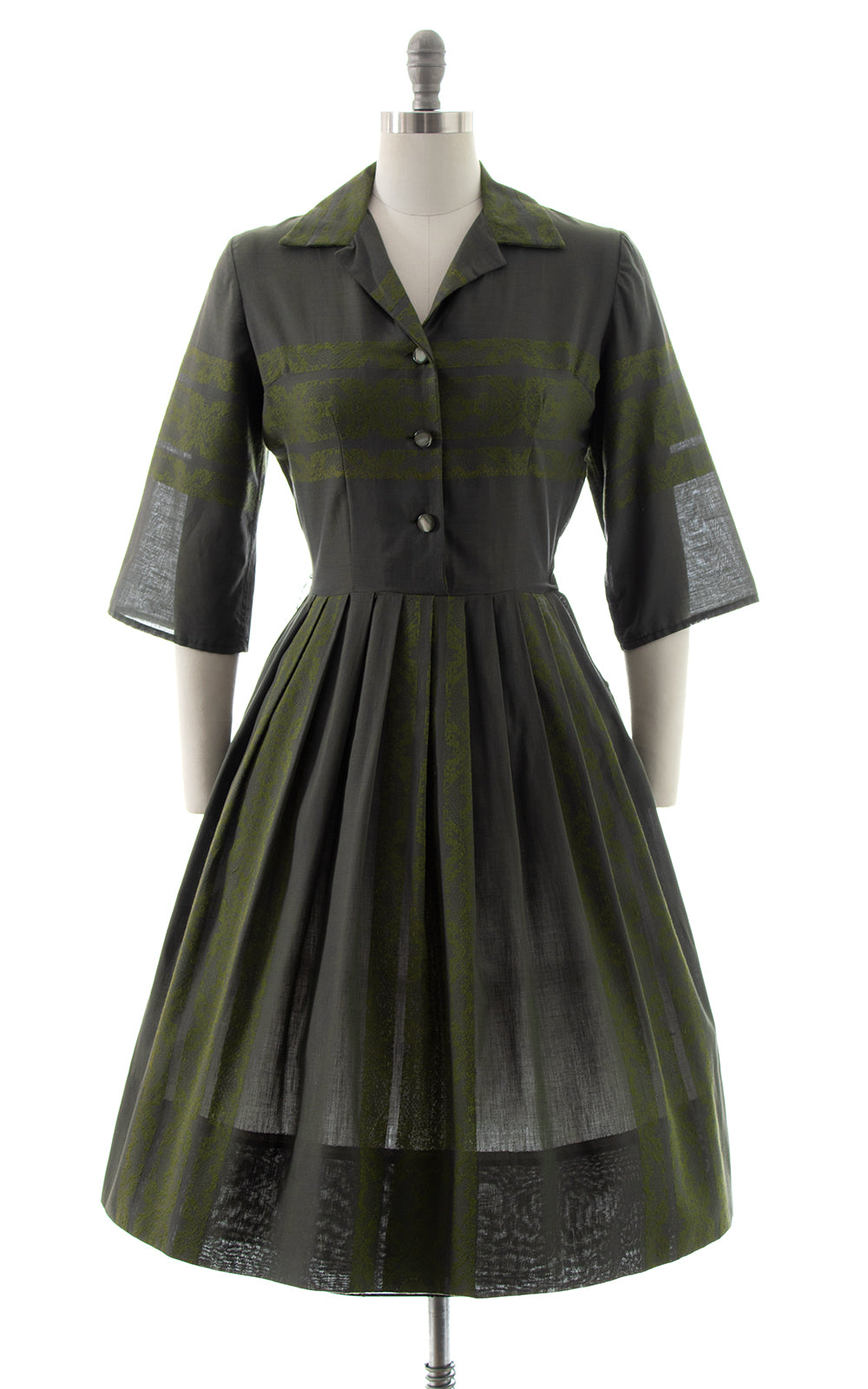 1950s Geometric Olive Shirtwaist Dress | small | BirthdayLifeVintage