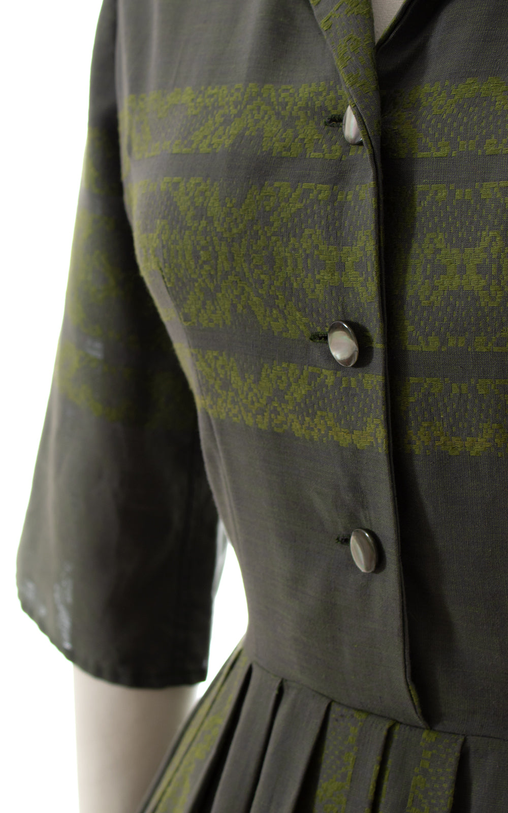 1950s Geometric Olive Shirtwaist Dress | small | BirthdayLifeVintage
