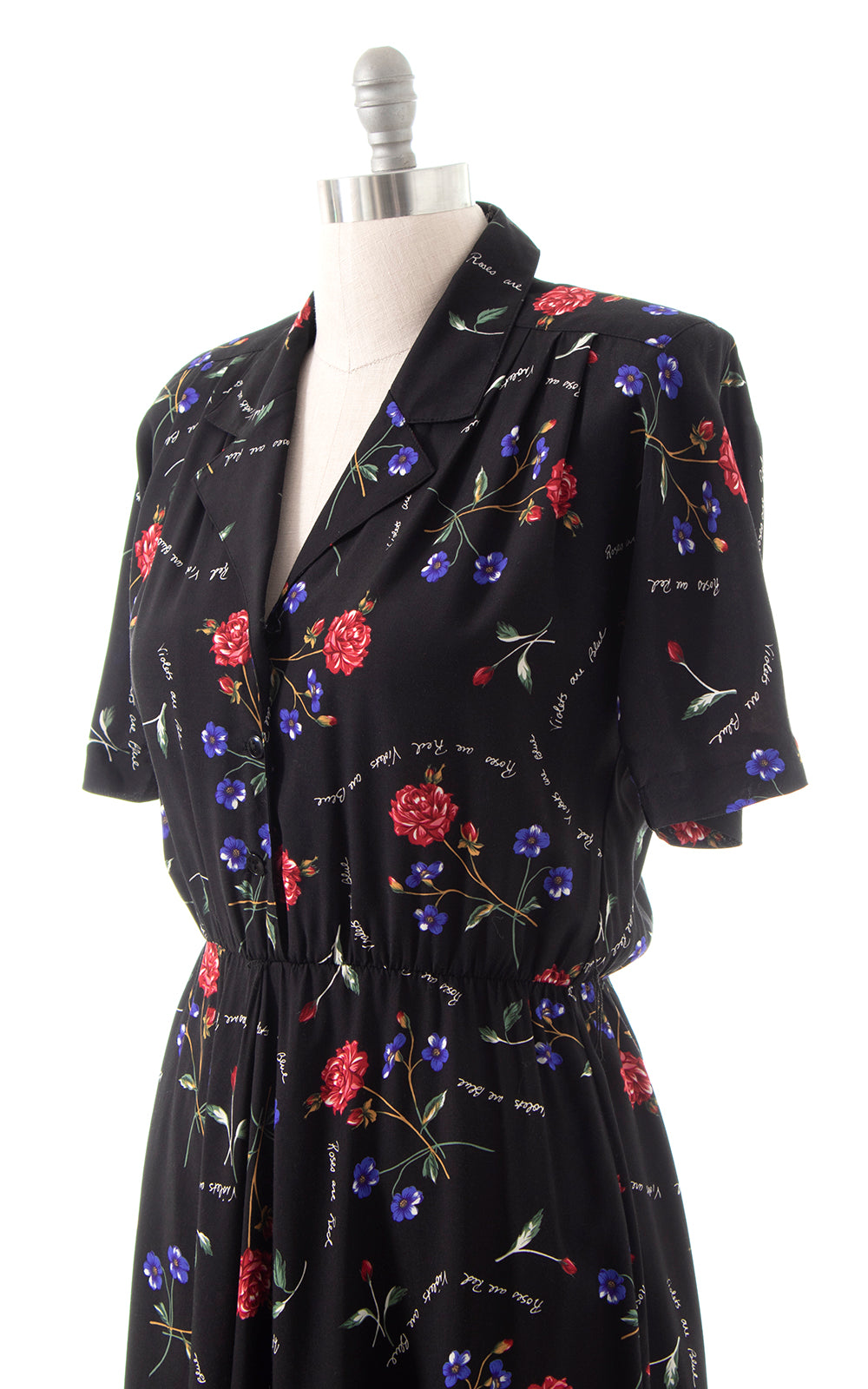 1980s Roses Are Red Rayon Shirtwaist Midi Dress | medium/large