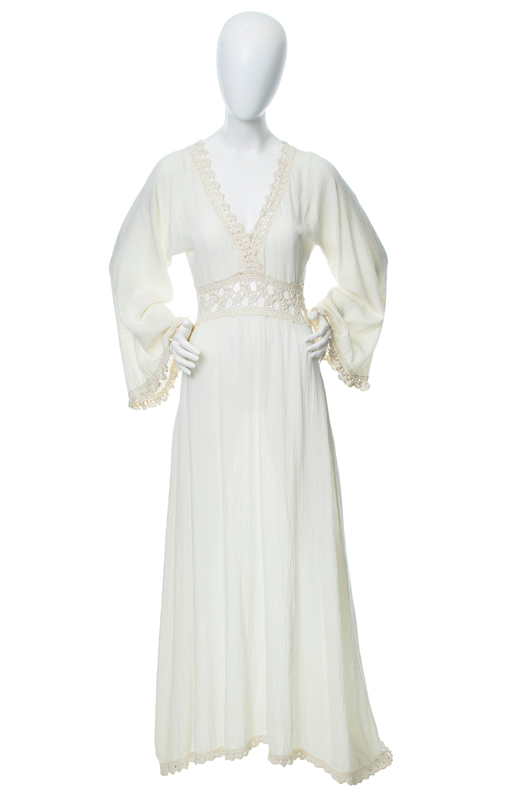 Vintage 1970s Cotton Gauze & Crochet Bell Sleeve Boho Maxi Festival Dress small Birthday Life Vintage