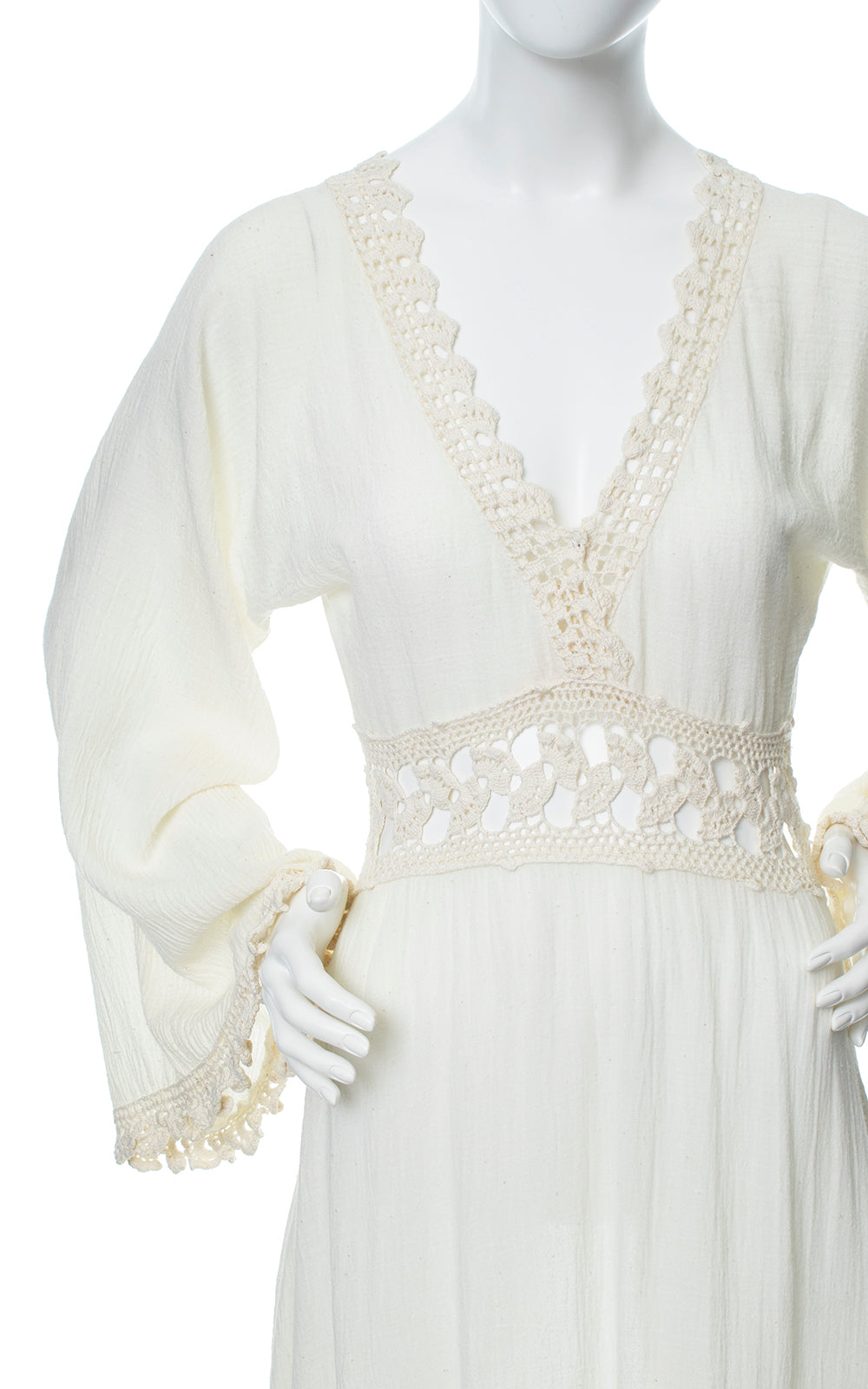 Vintage 1970s Cotton Gauze & Crochet Bell Sleeve Boho Maxi Festival Dress small Birthday Life Vintage