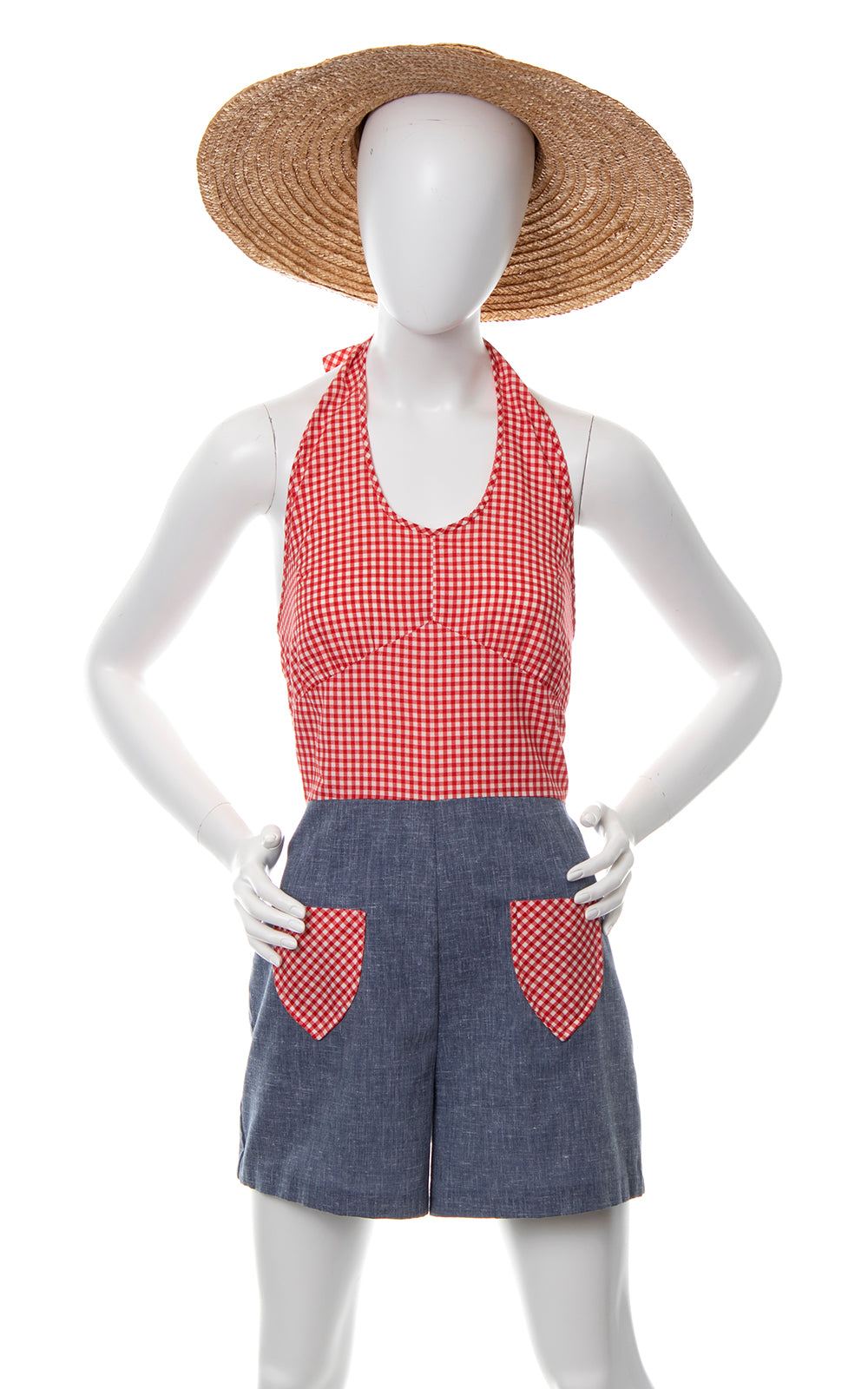 1970s Gingham & Chambray Halter Romper | medium