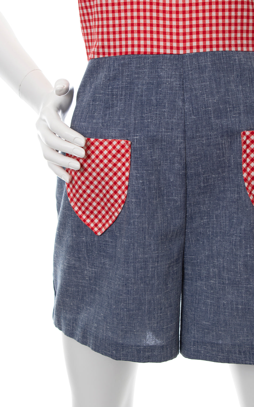 1970s Gingham & Chambray Halter Romper | medium