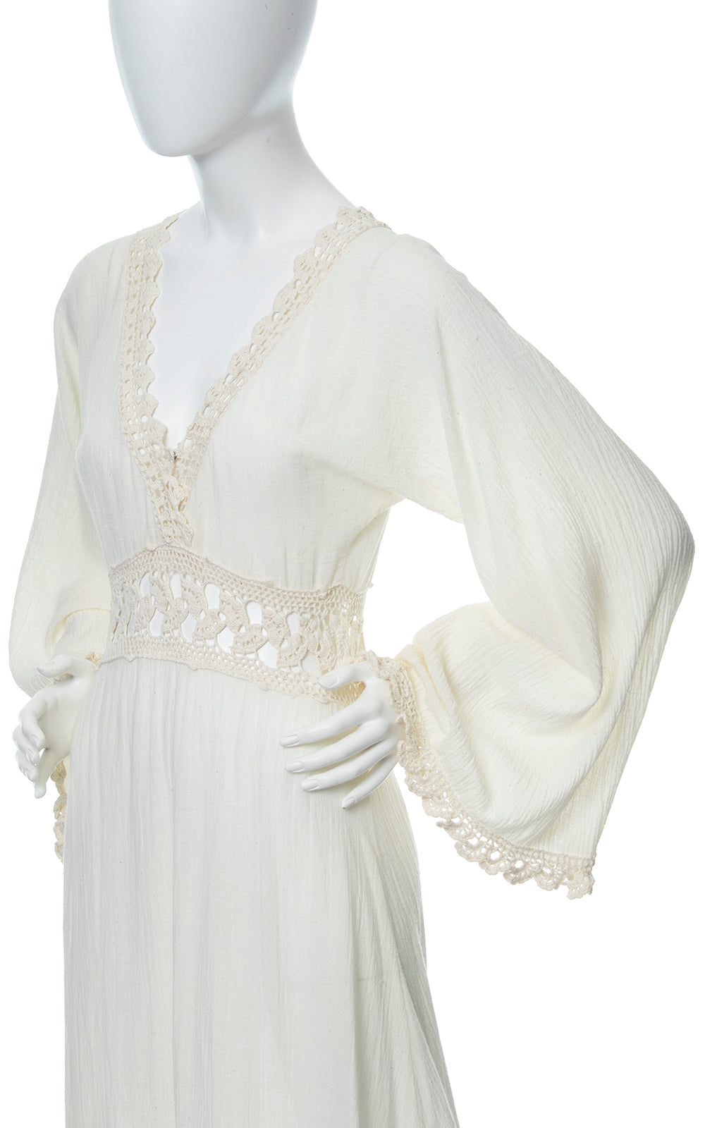 Vintage 1970s Cotton Gauze & Crochet Bell Sleeve Boho Maxi Festival Dress small Birthday Life Vintage