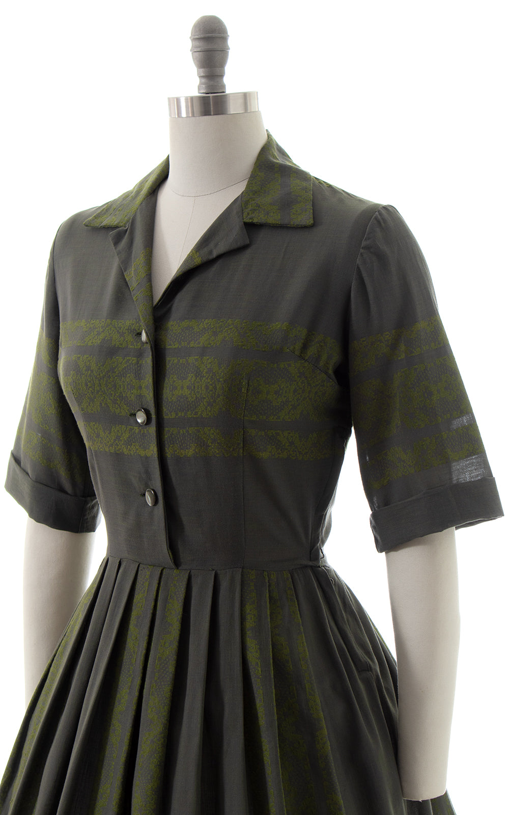 1950s Geometric Olive Shirtwaist Dress | small | BirthdayLifeVintage