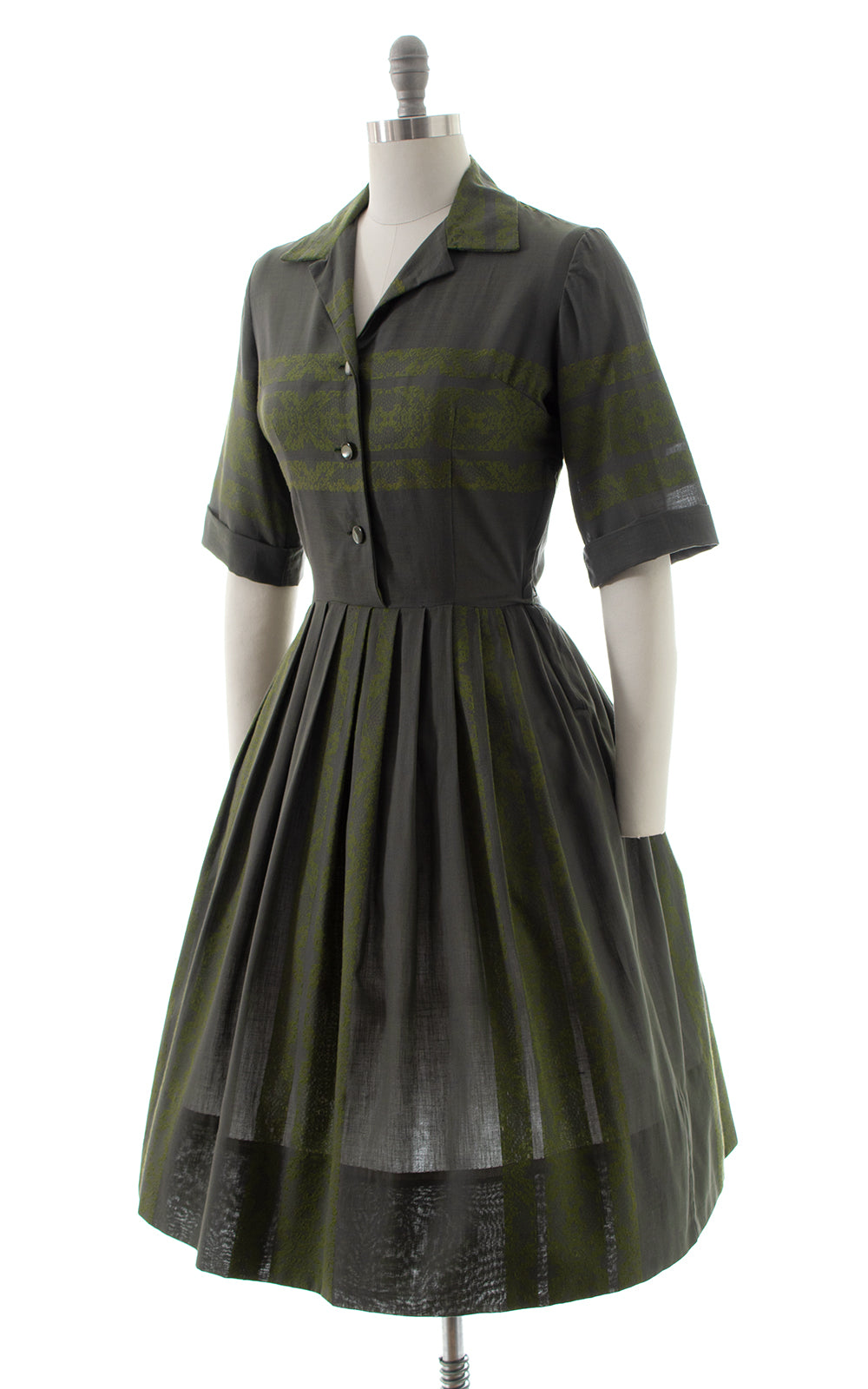 1950s Geometric Olive Shirtwaist Dress | small | BirthdayLifeVintage