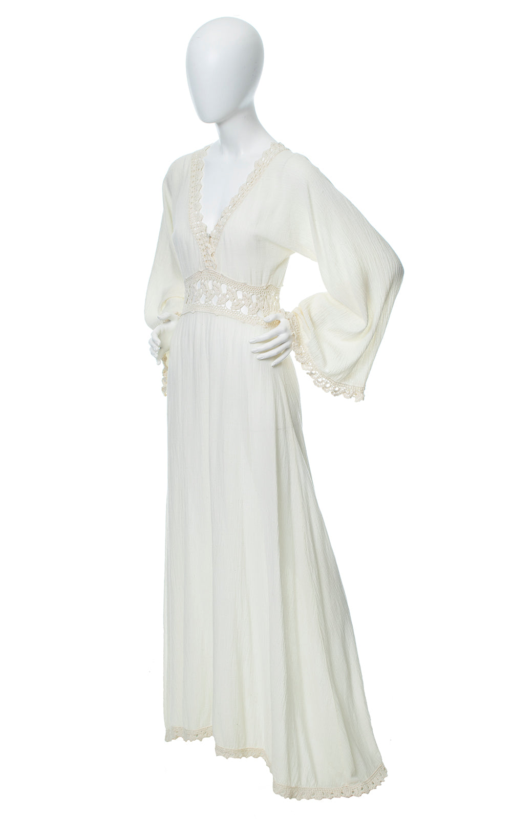 Vintage 1970s Cotton Gauze & Crochet Bell Sleeve Boho Maxi Festival Dress small Birthday Life Vintage