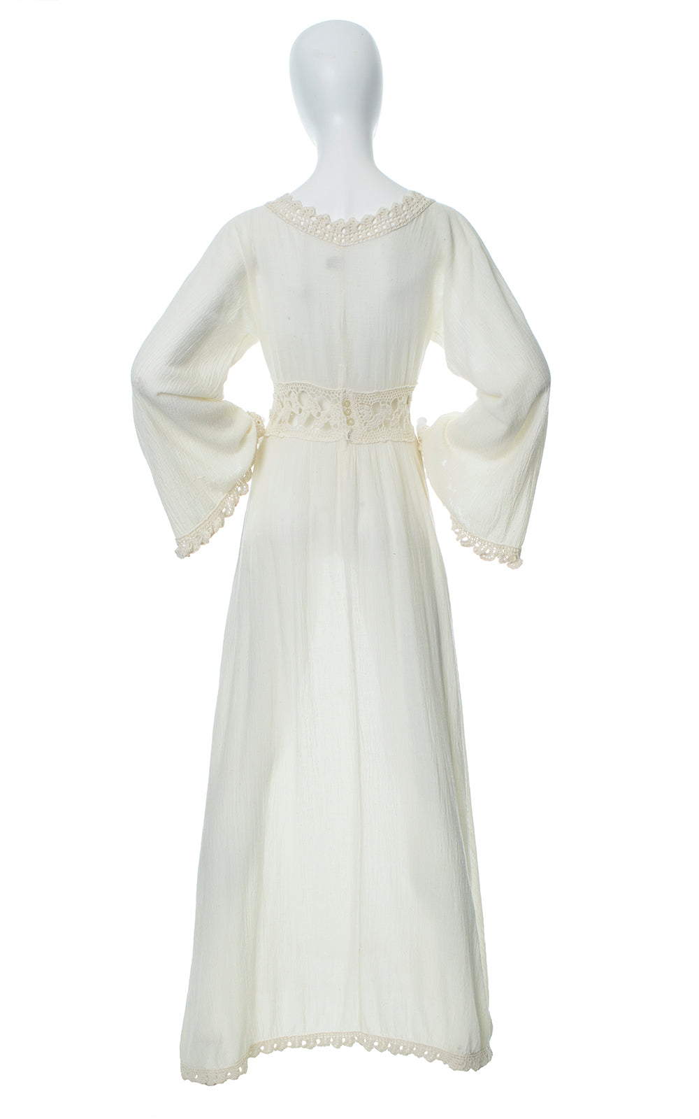 Vintage 1970s Cotton Gauze & Crochet Bell Sleeve Boho Maxi Festival Dress small Birthday Life Vintage