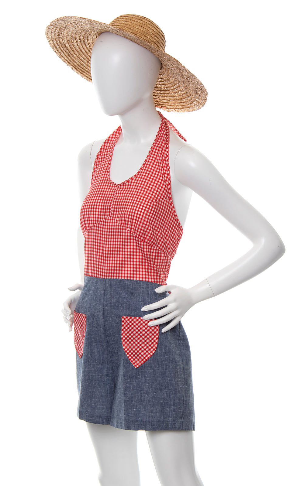 1970s Gingham & Chambray Halter Romper | medium