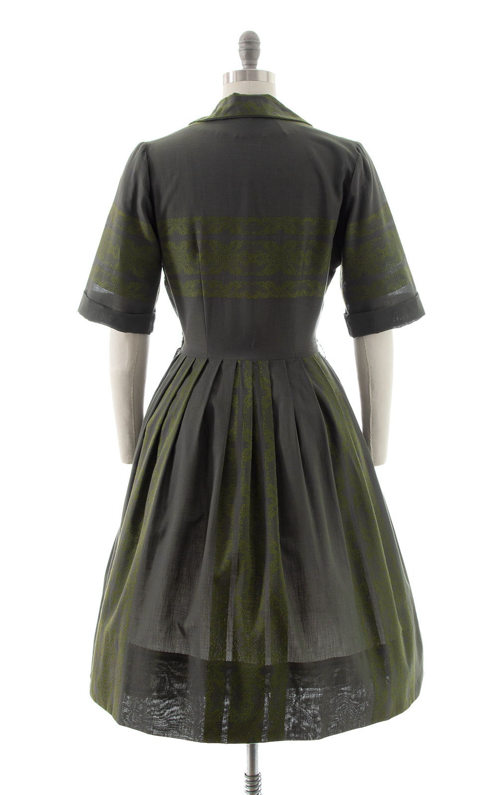 1950s Geometric Olive Shirtwaist Dress | small | BirthdayLifeVintage
