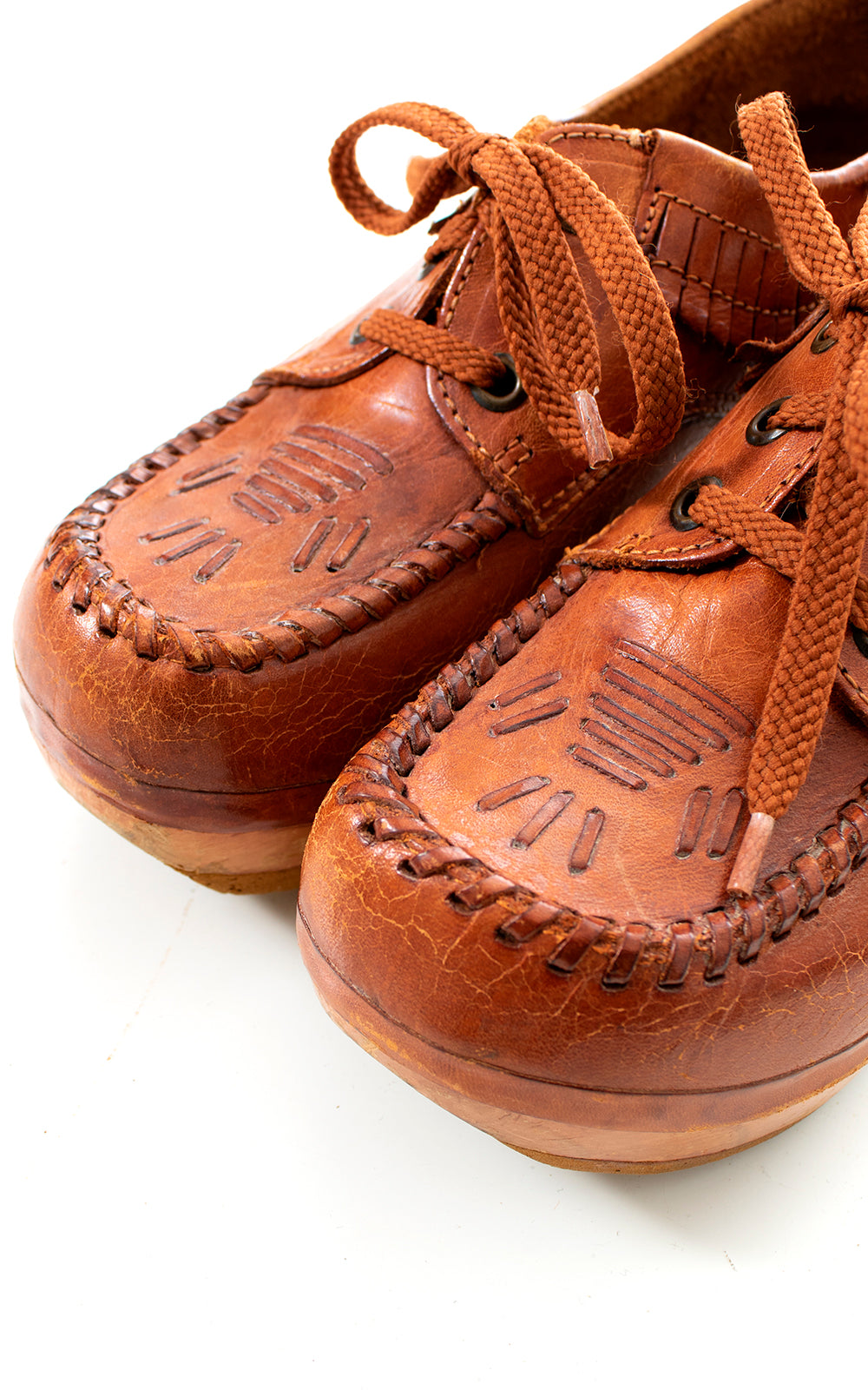 1970s Leather Fringe & Wood Platform Loafers | US 9