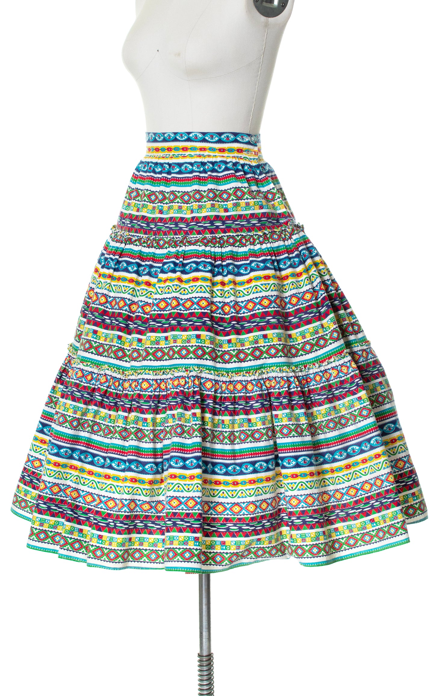 Vintage 50s 1950s Southwestern Geometric Striped Tiered Cotton Full High Waisted Skirt BirthdayLifeVintage