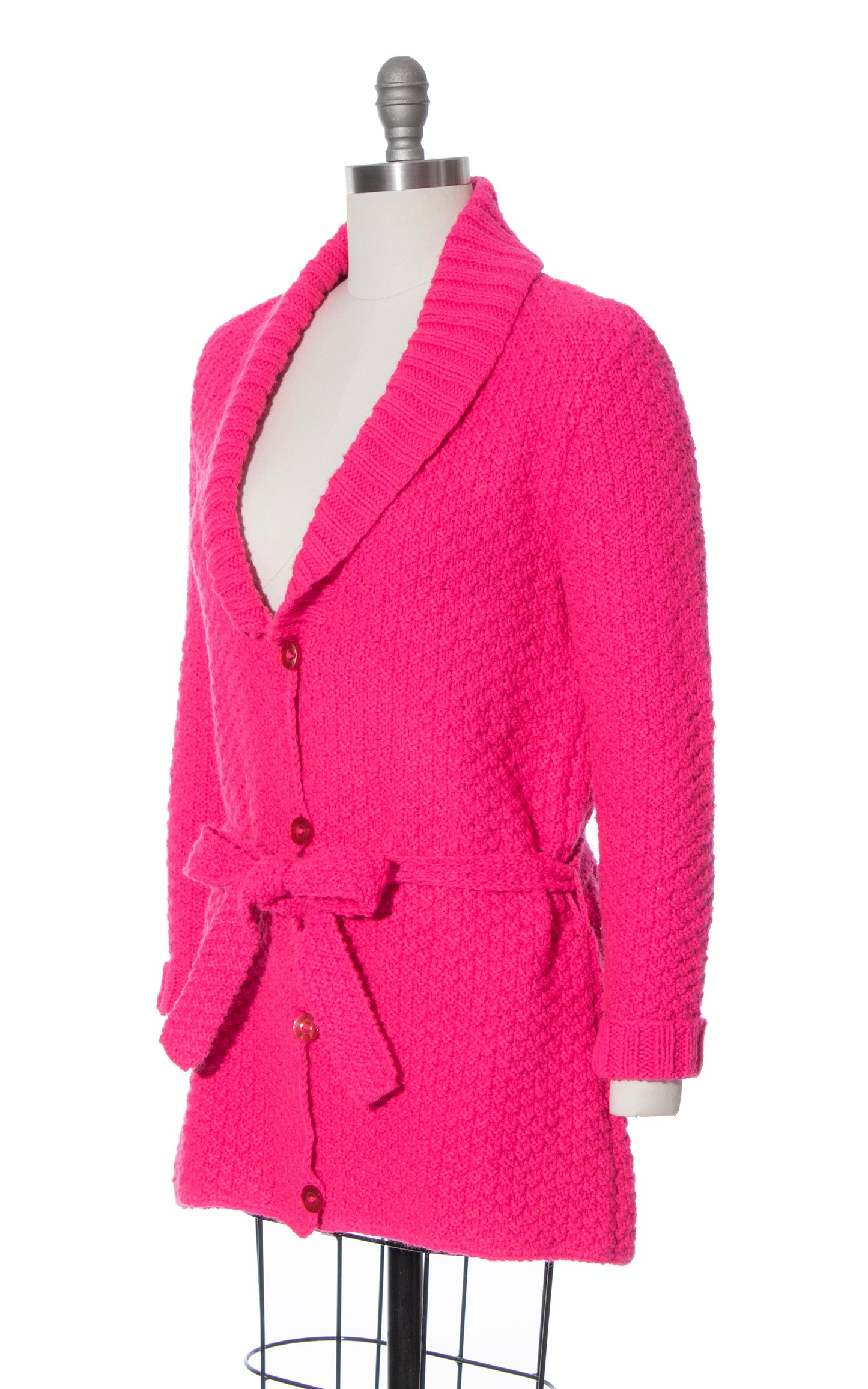 VIntage 70s 1970s Hot Pink Knit Belted Cardigan Acrylic Sweater Coat BirthdayLifeVintage