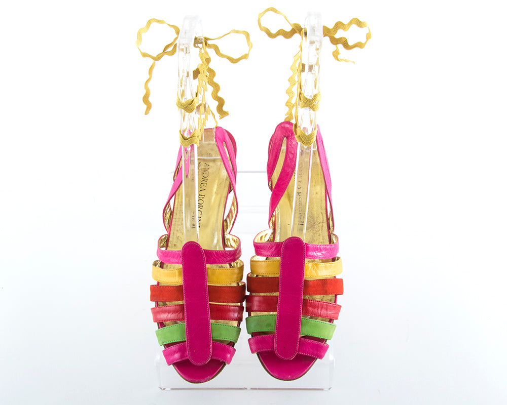 1980s Striped Leather and Suede Lace-Up Sandals | size US 10