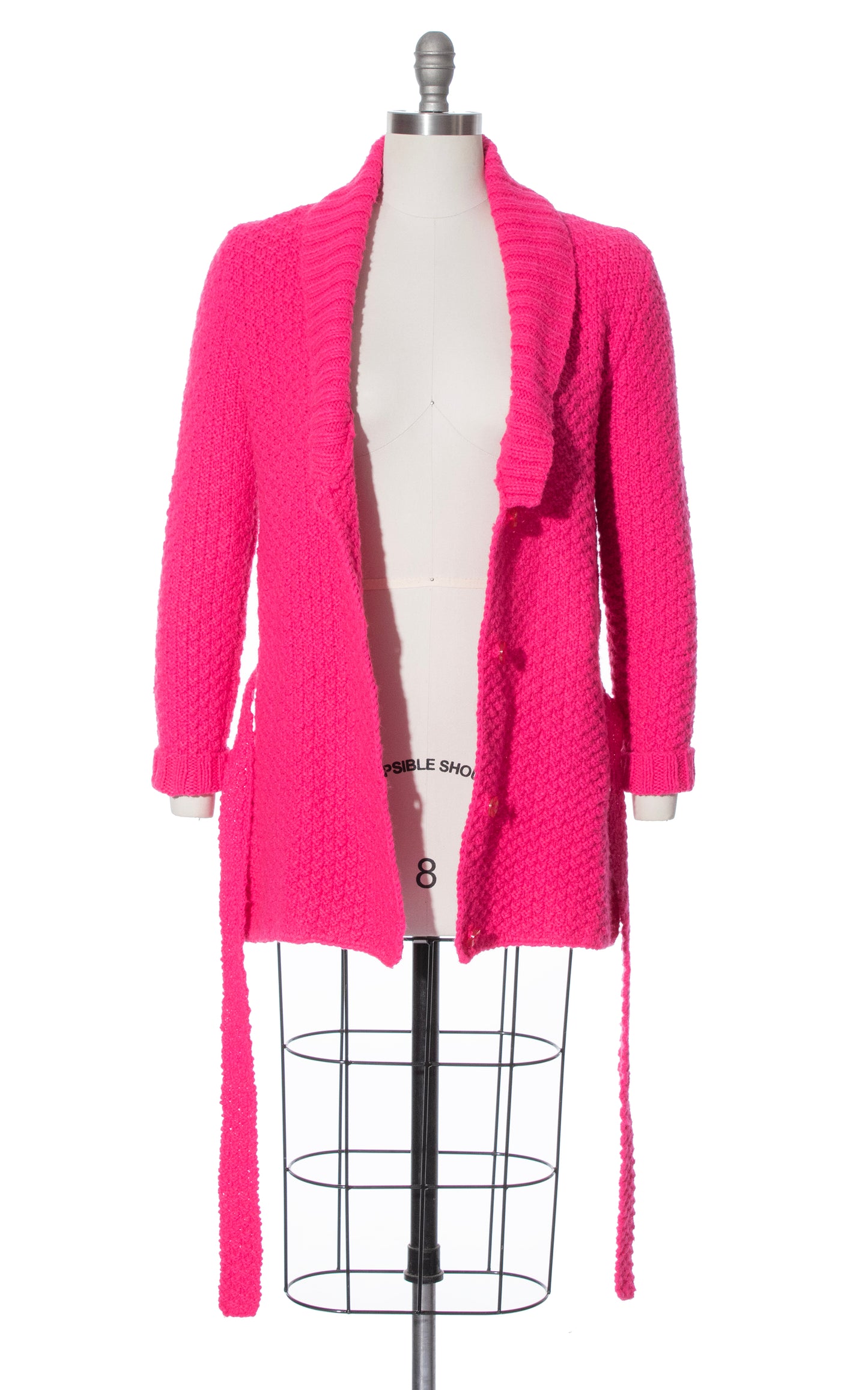 VIntage 70s 1970s Hot Pink Knit Belted Cardigan Acrylic Sweater Coat BirthdayLifeVintage