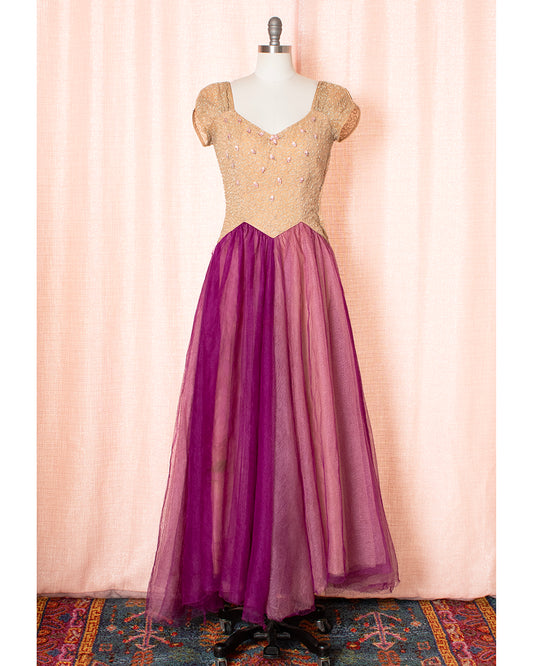 [AS-IS] 1940s Beaded Soutache Color Block Gown | small/medium