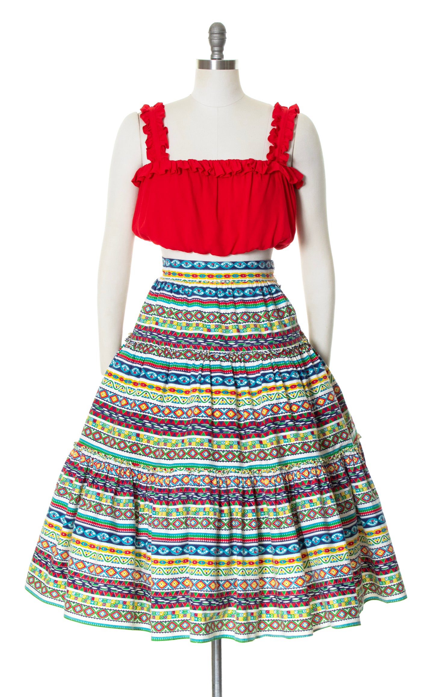 Vintage 50s 1950s Southwestern Geometric Striped Tiered Cotton Full High Waisted Skirt BirthdayLifeVintage