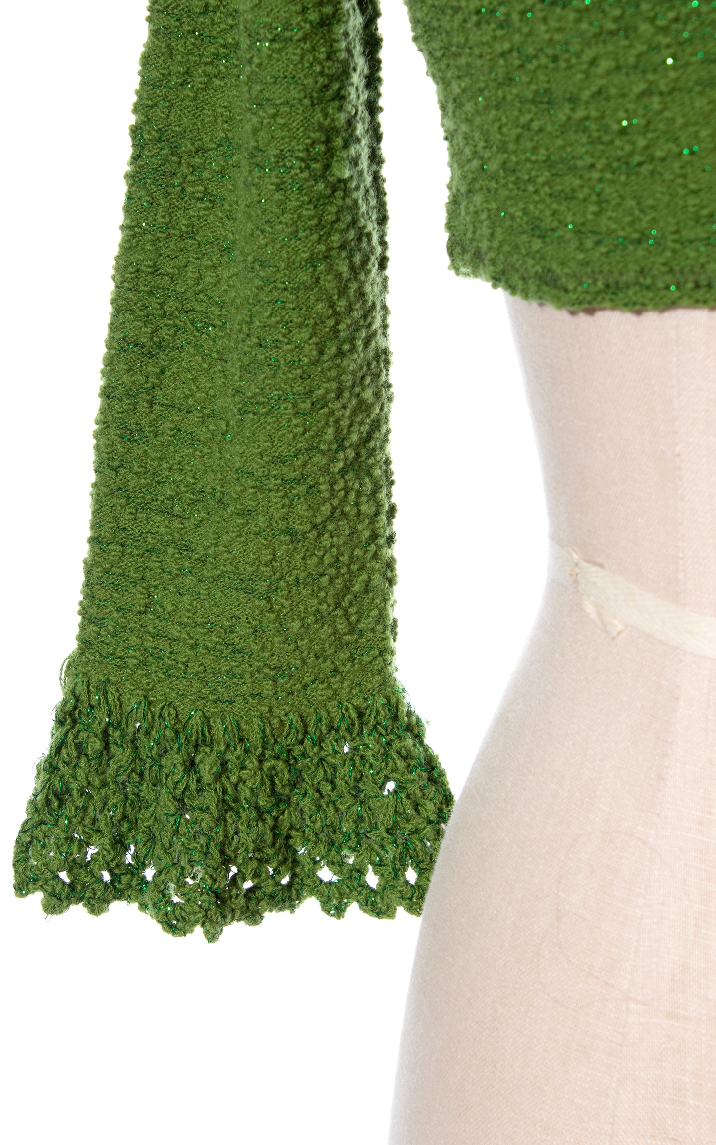 Vintage 70s 1970s Metallic Olive Green Boucle Knit & Crochet Crop Top BirthdayLifeVintage