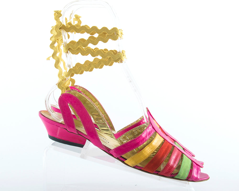 1980s Striped Leather and Suede Lace-Up Sandals | size US 10