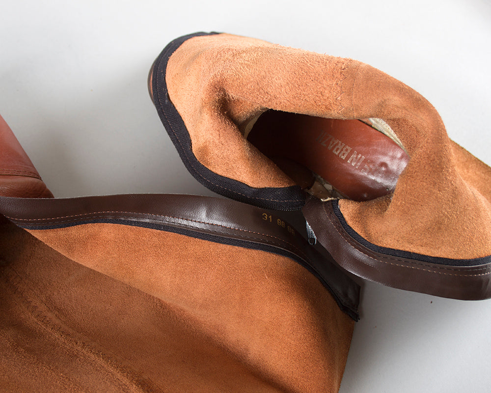 1970s Brown Leather Braided Knee High Campus Boots | size 8