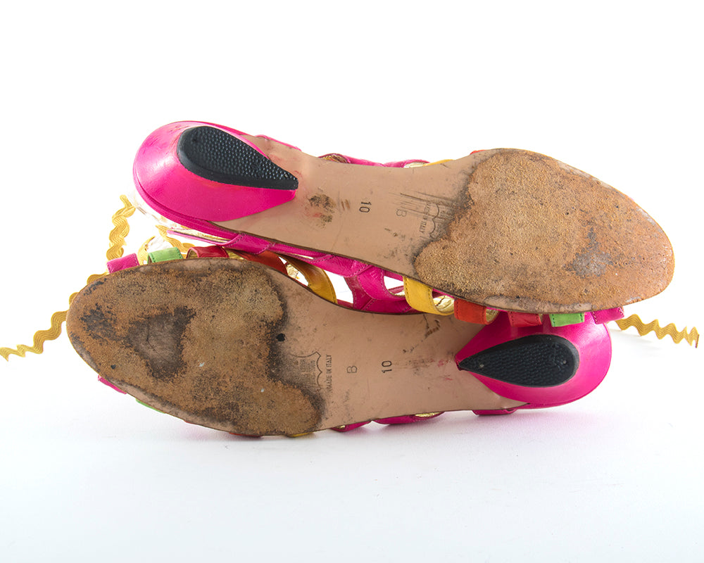 1980s Striped Leather and Suede Lace-Up Sandals | size US 10