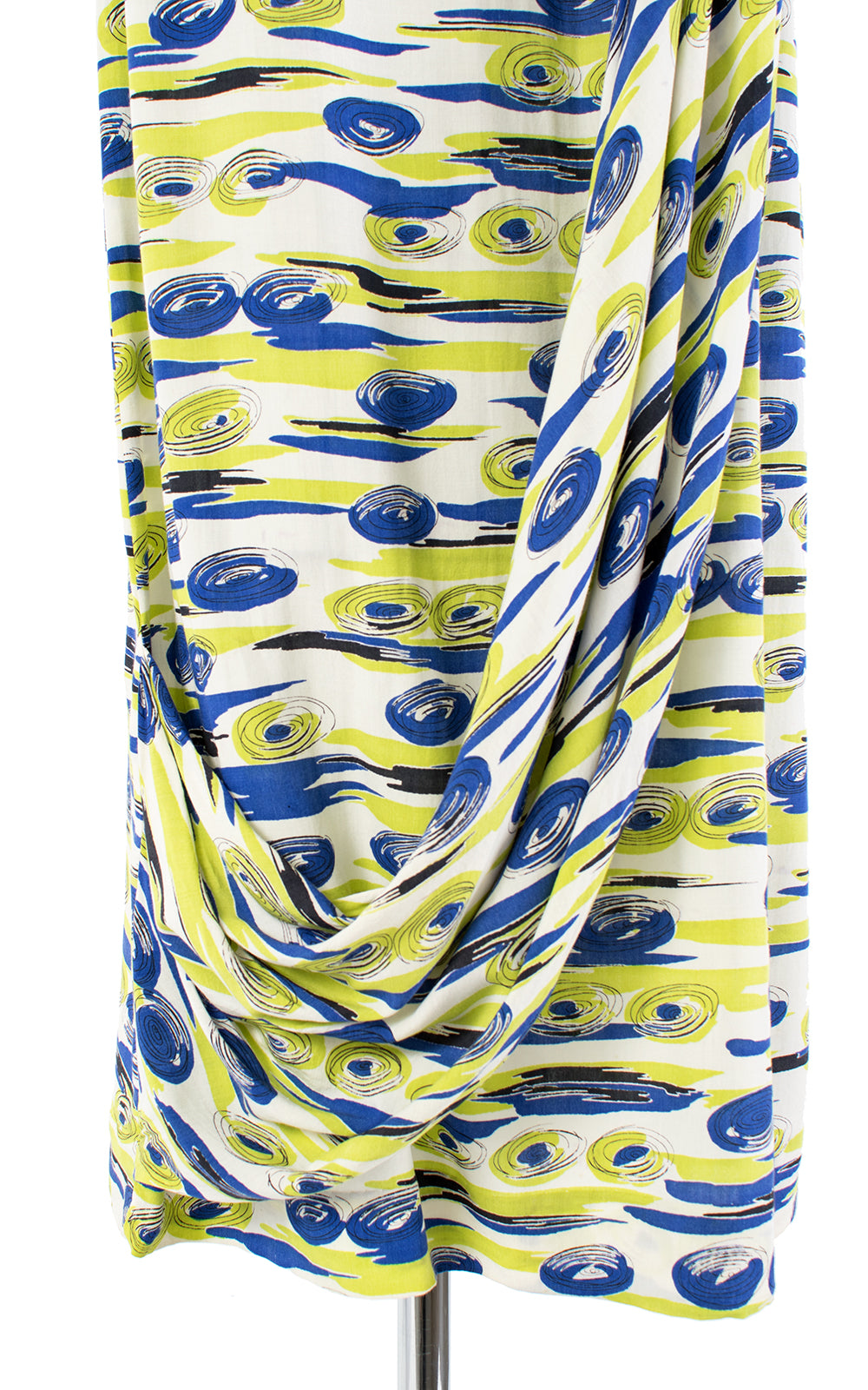 1940s Abstract Spirals Novelty Print Draped Sash Gown