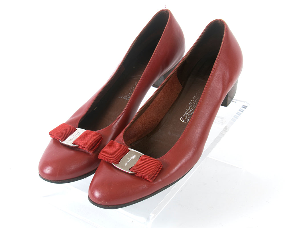 1980s Ferragamo "Vara" Red Leather Flats | size 9 Birthday Life Vintage 1980s Ferragamo "Vara" Red Leather Flats | size 9 Birthday Life Vintage