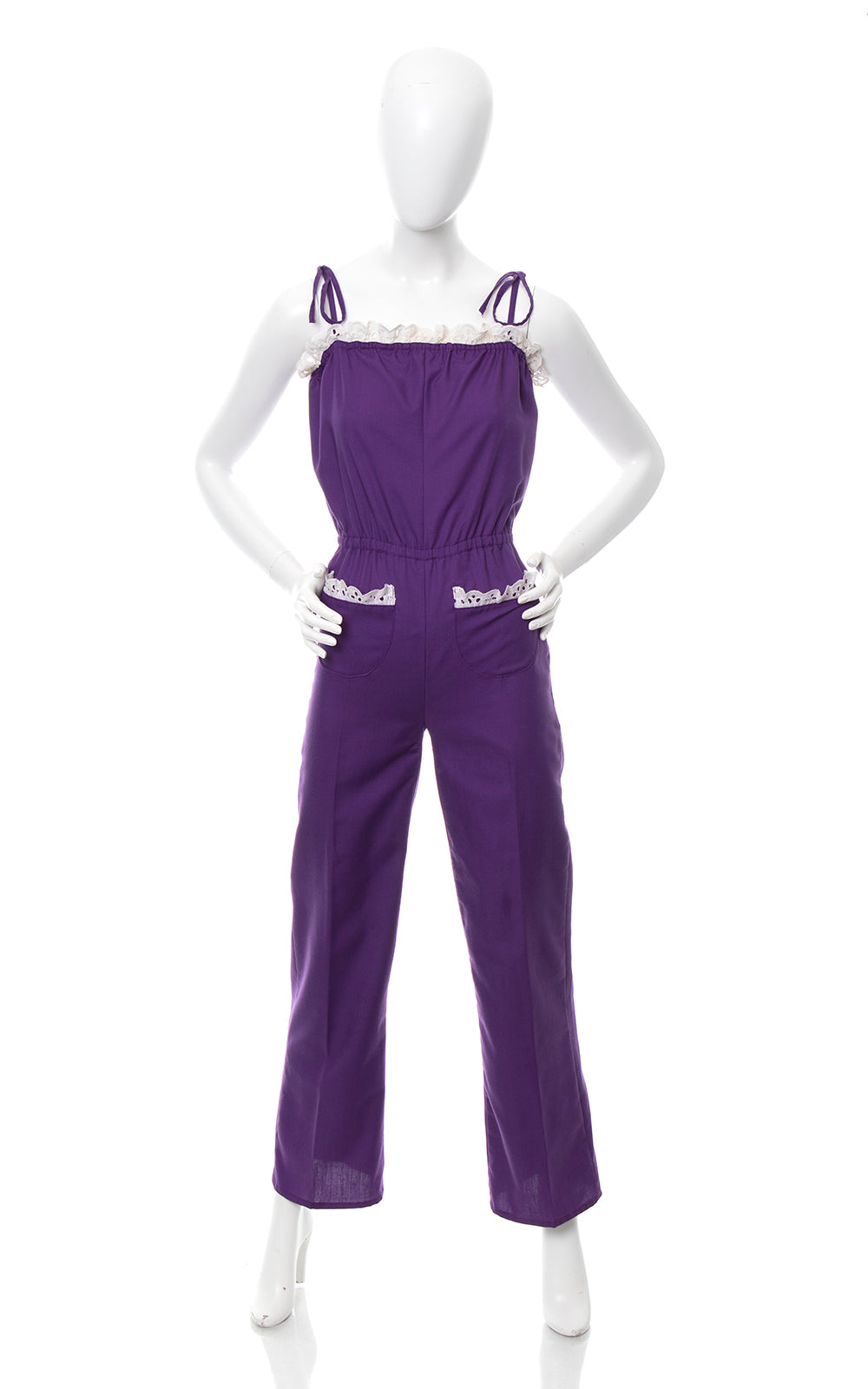 1970s Purple Tie Straps Lace Trim Jumpsuit | x-small
