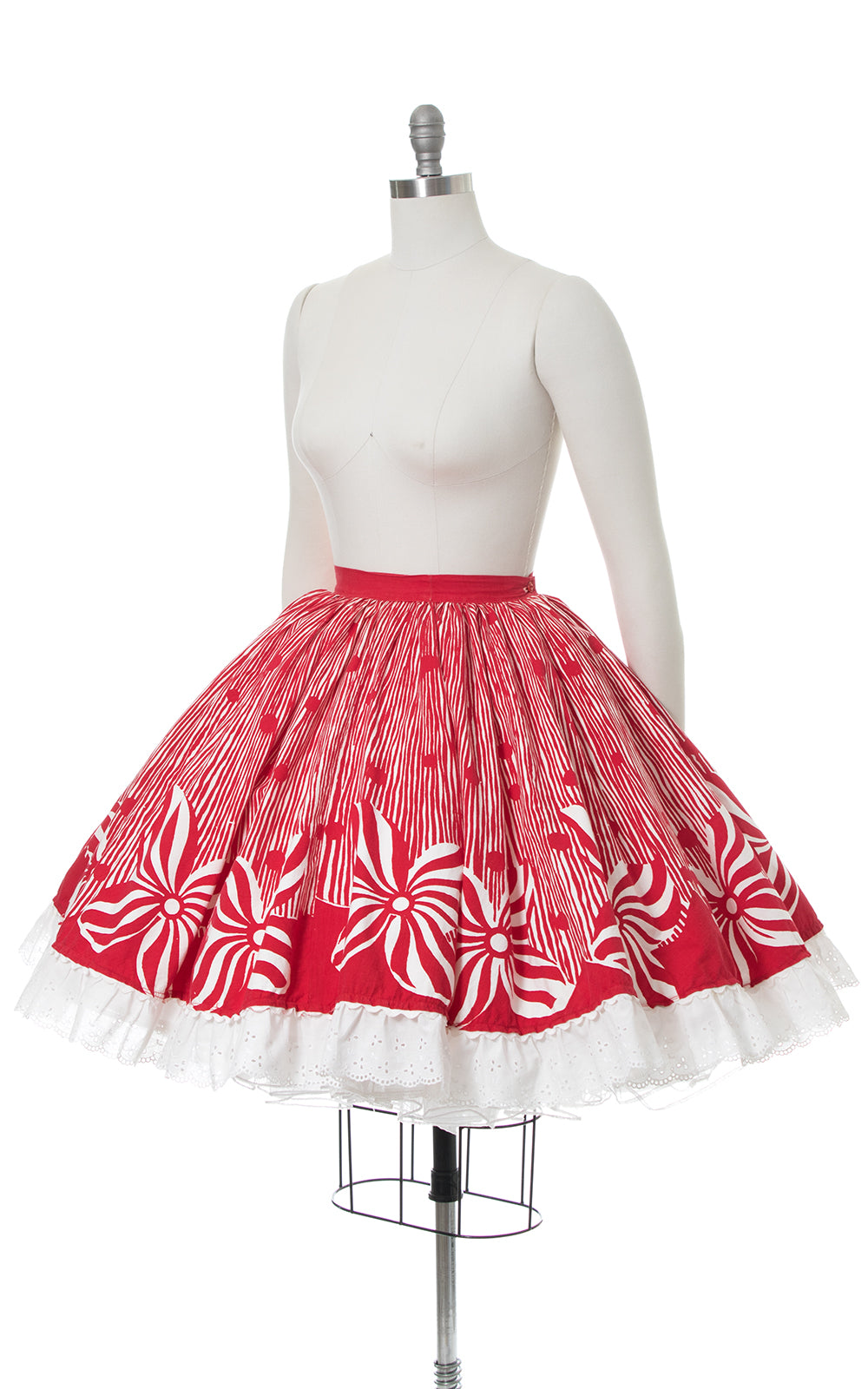 1950s Peppermint Floral Striped Border Print Circle Skirt