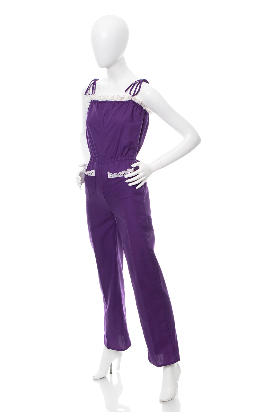 1970s Purple Tie Straps Lace Trim Jumpsuit | x-small