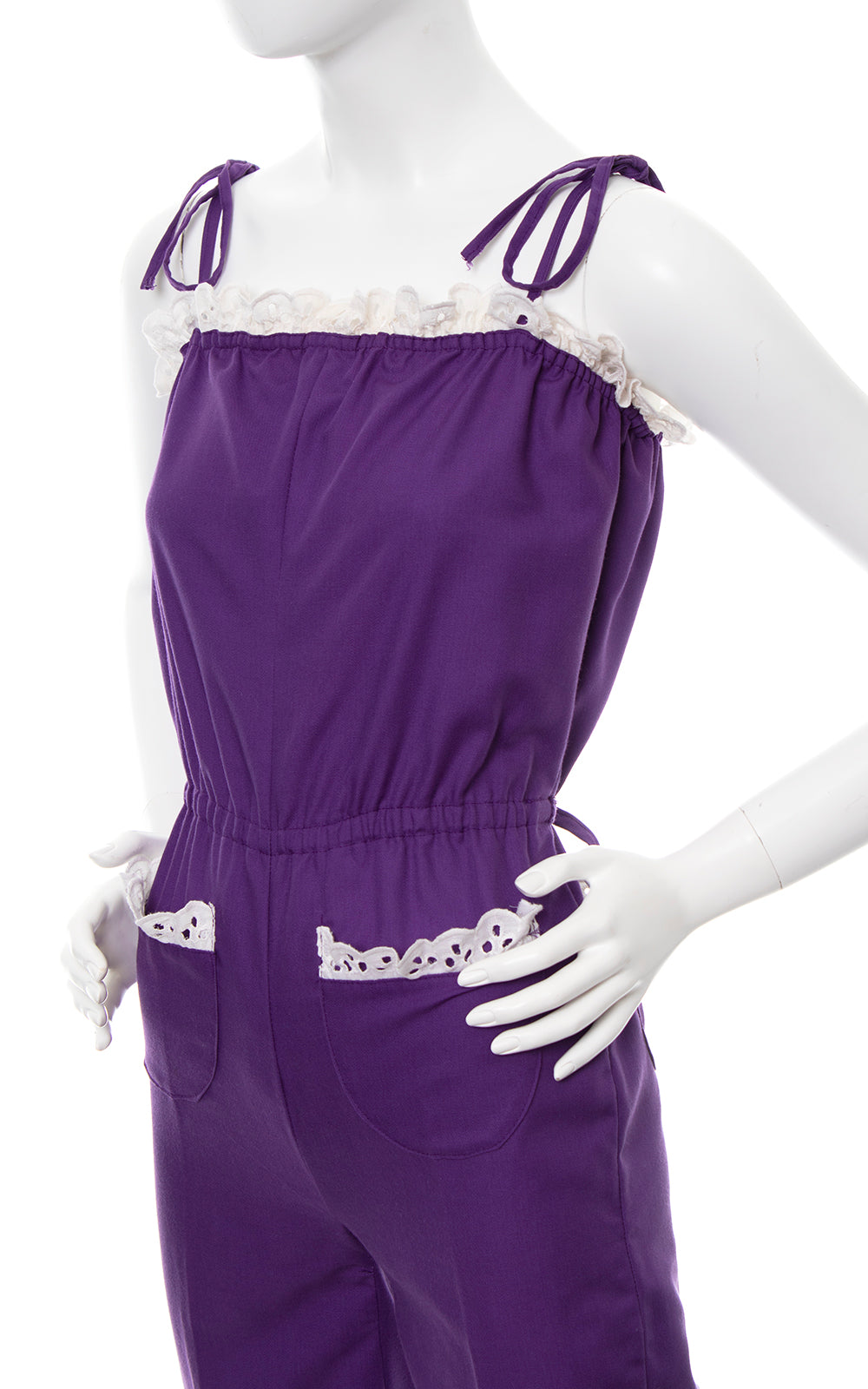 1970s Purple Tie Straps Lace Trim Jumpsuit | x-small