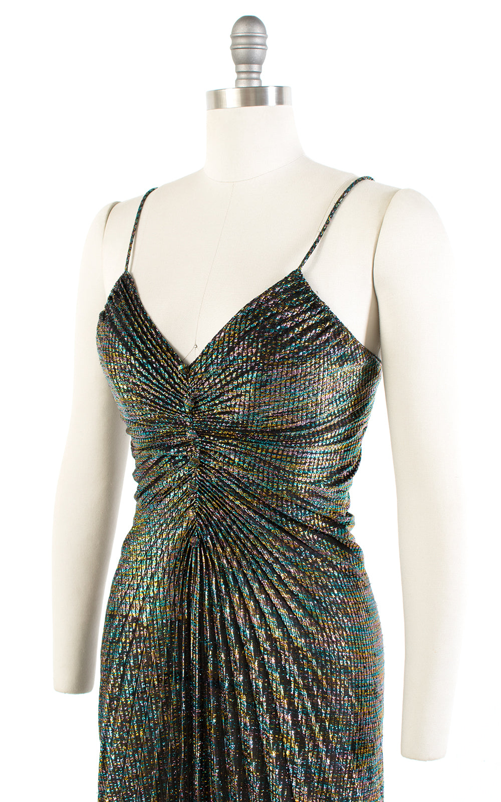 1970s Travilla Style Metallic Rainbow Pleated Party Dress | small/medium