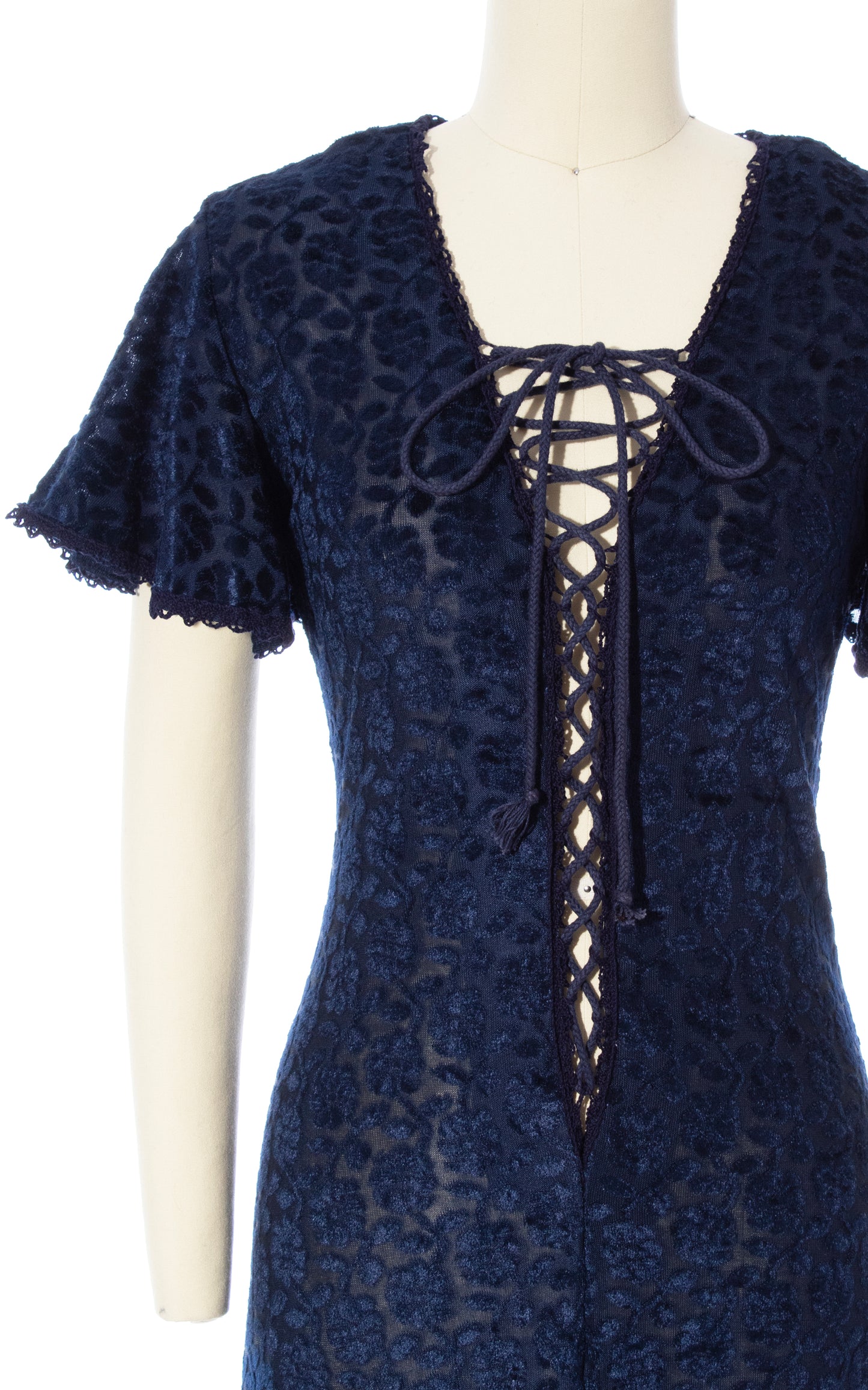 Vintage 70s 1970s GUNNE SAX Hearts Label Blue Burnout Velvet Lace Up Maxi Dress BirthdayLifeVintage