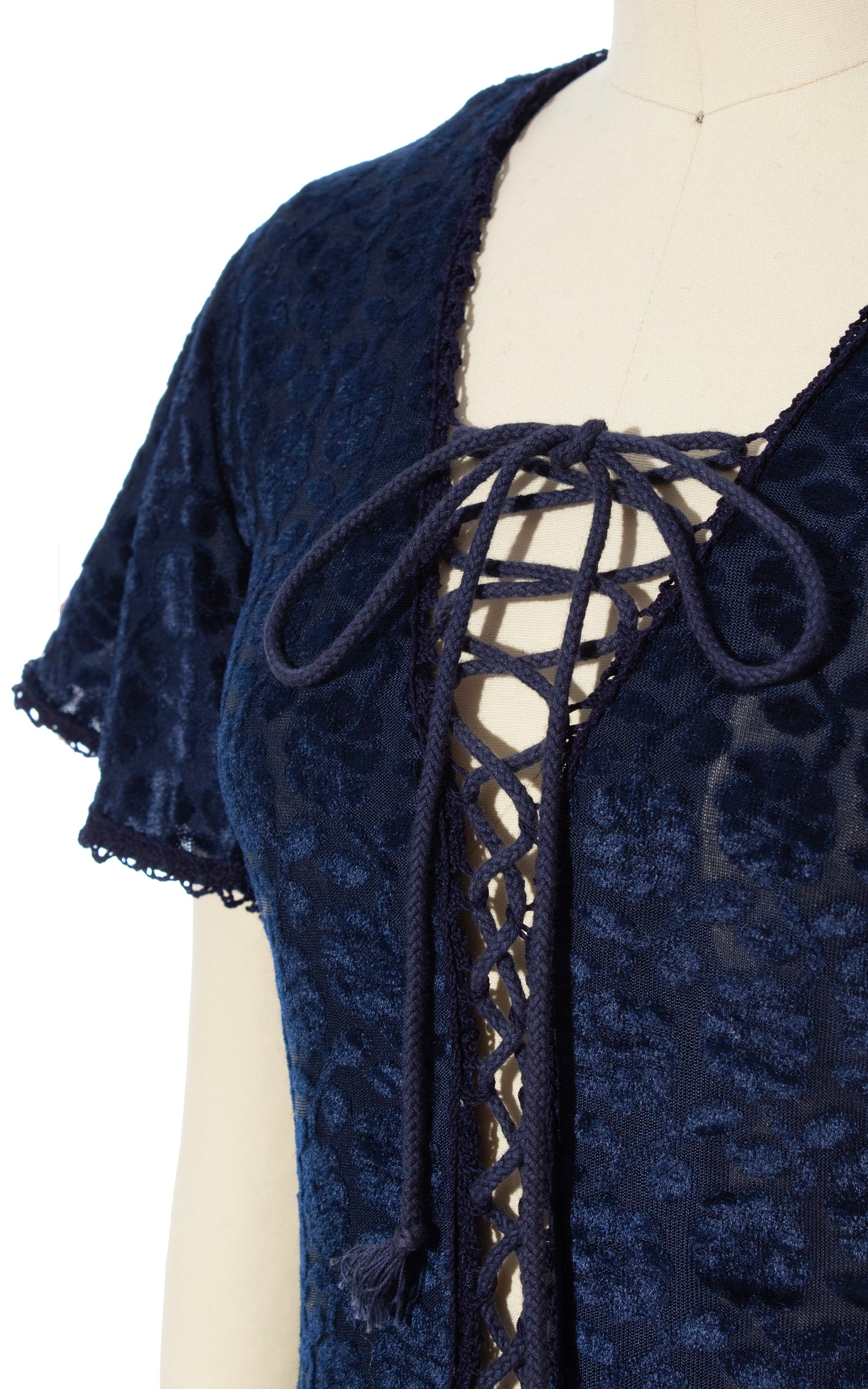 Vintage 70s 1970s GUNNE SAX Hearts Label Blue Burnout Velvet Lace Up Maxi Dress BirthdayLifeVintage