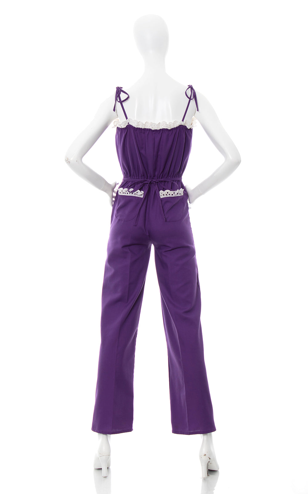 1970s Purple Tie Straps Lace Trim Jumpsuit | x-small