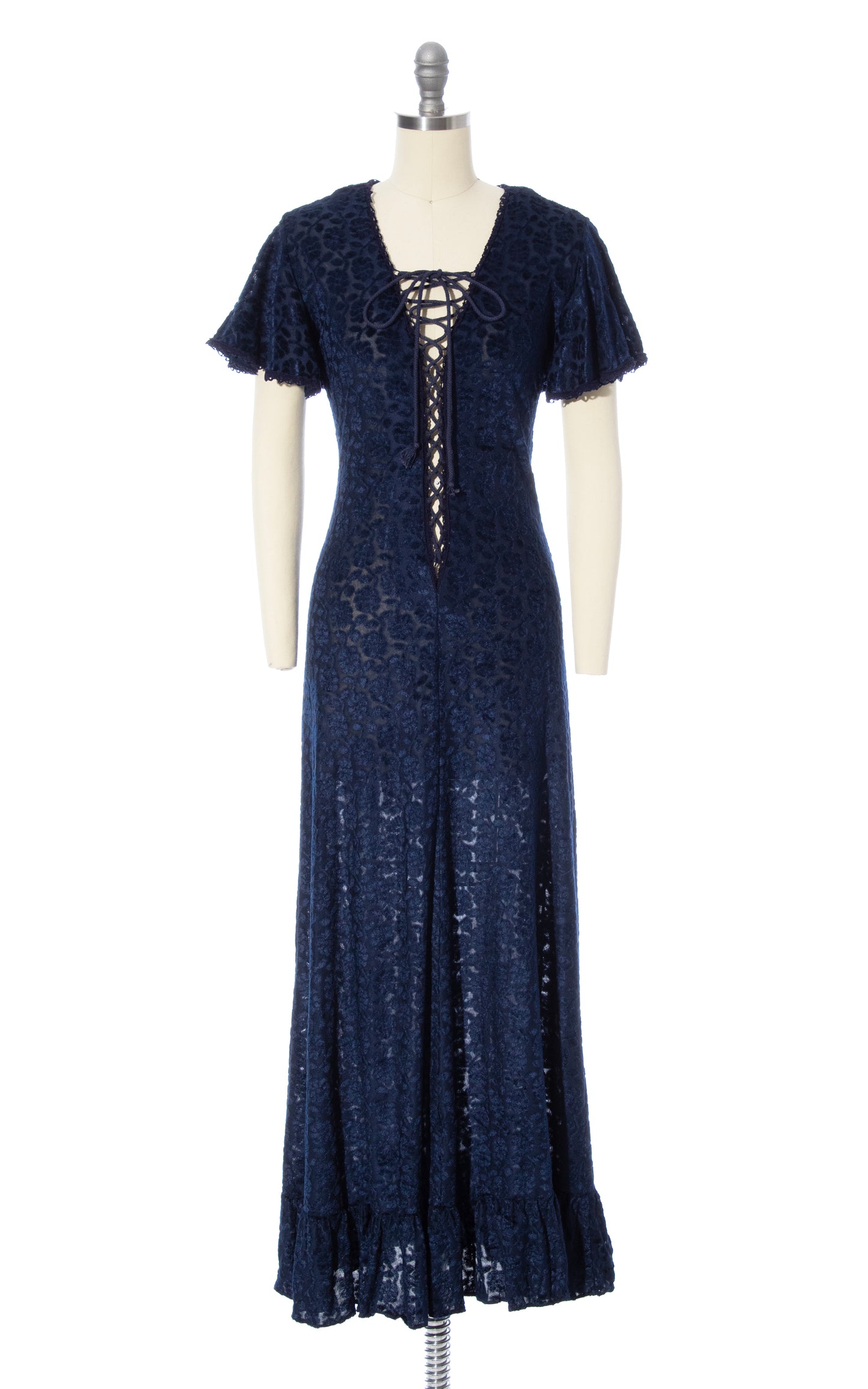 Vintage 70s 1970s GUNNE SAX Hearts Label Blue Burnout Velvet Lace Up Maxi Dress BirthdayLifeVintage
