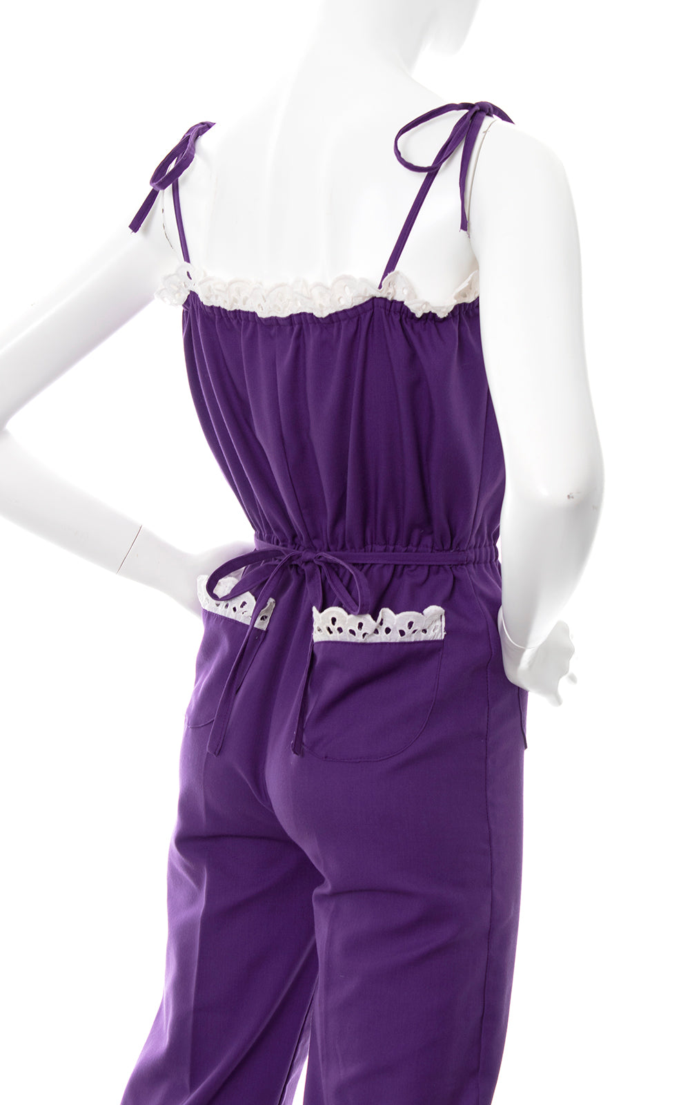 1970s Purple Tie Straps Lace Trim Jumpsuit | x-small