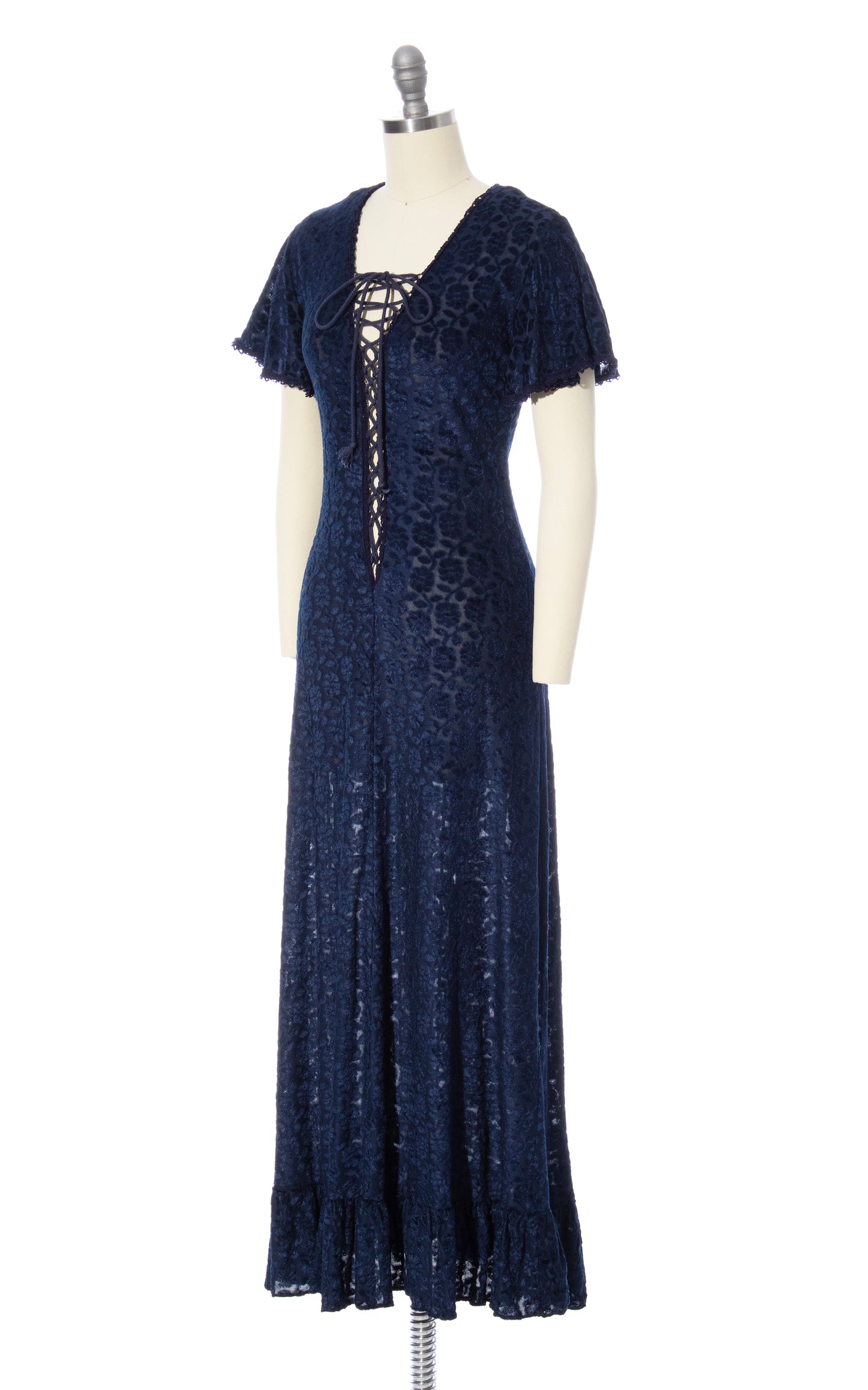 Vintage 70s 1970s GUNNE SAX Hearts Label Blue Burnout Velvet Lace Up Maxi Dress BirthdayLifeVintage