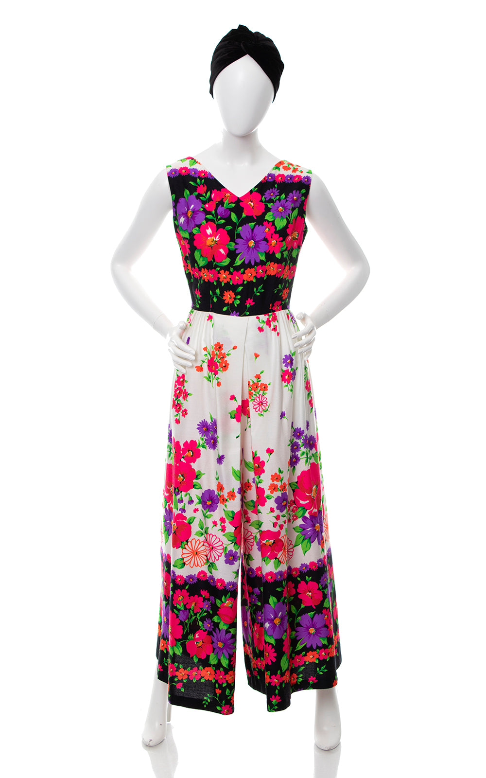 1970s Floral Border Print Barkcloth Palazzo Jumpsuit | small