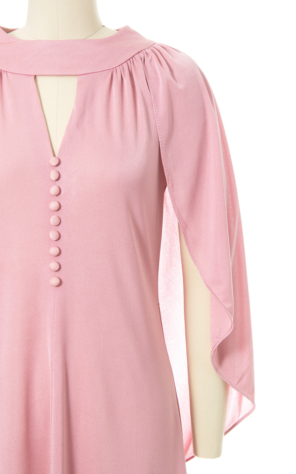 1970s Pink Jersey Knit Open Back Draped Cape Dress